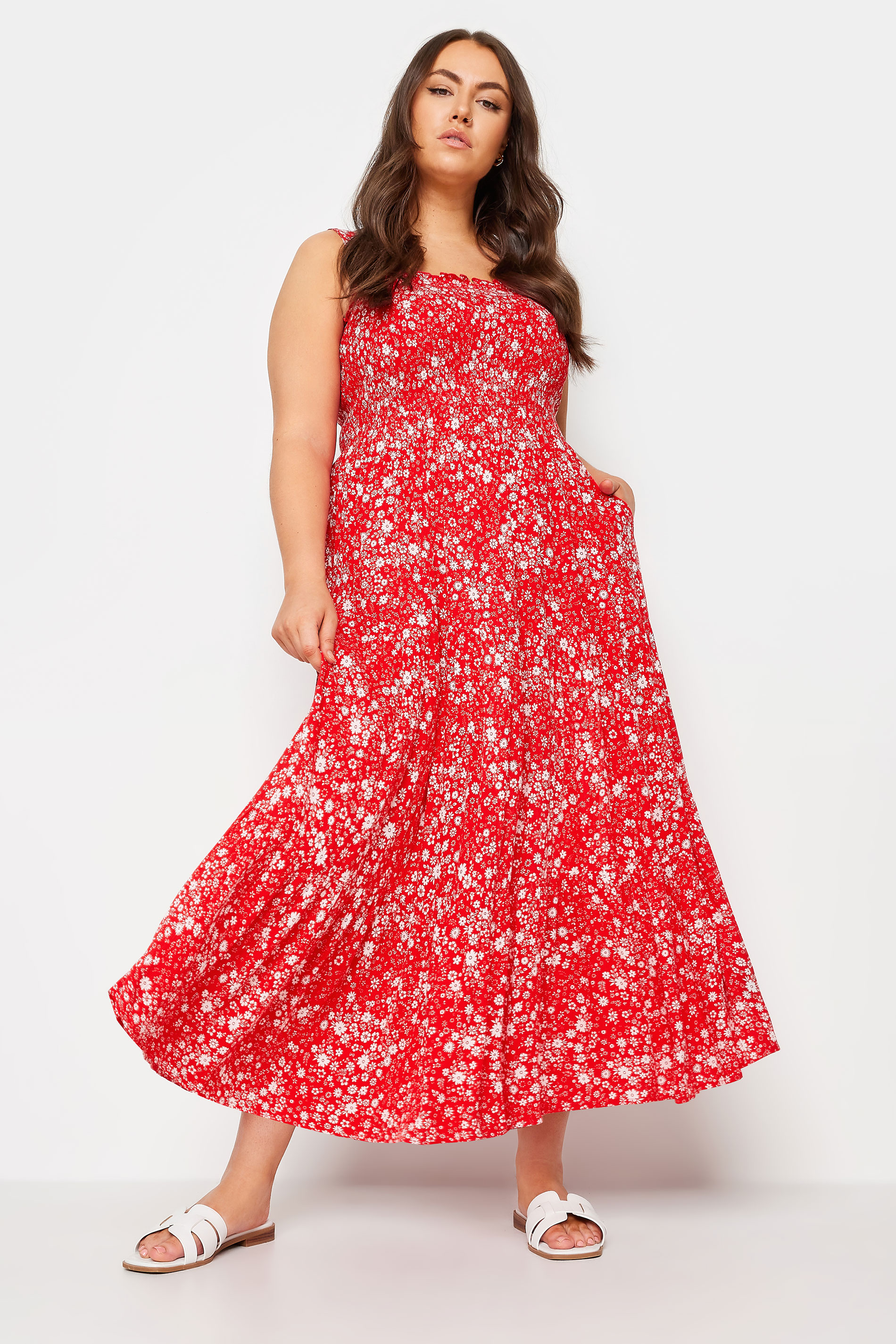 YOURS Plus Size Red Ditsy Floral Print Shirred Maxi Dress | Yours Clothing 3