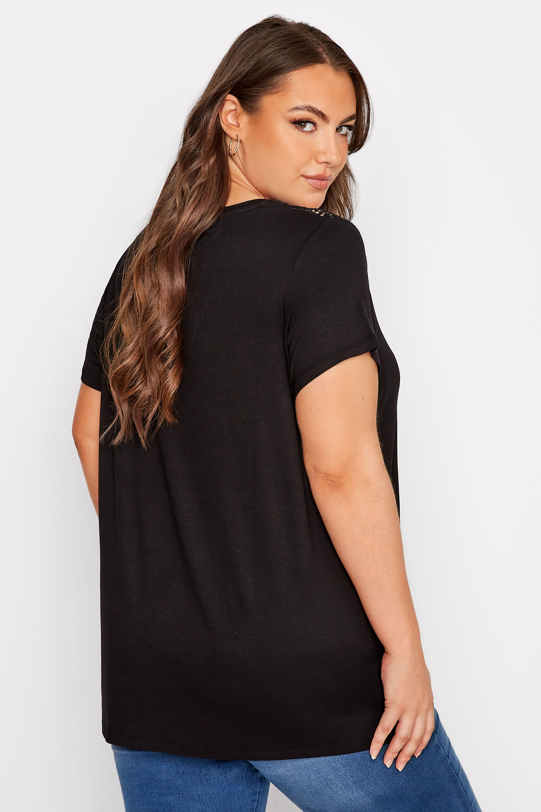 Plus Size Black Crochet Neck T-Shirt | Yours Clothing 3
