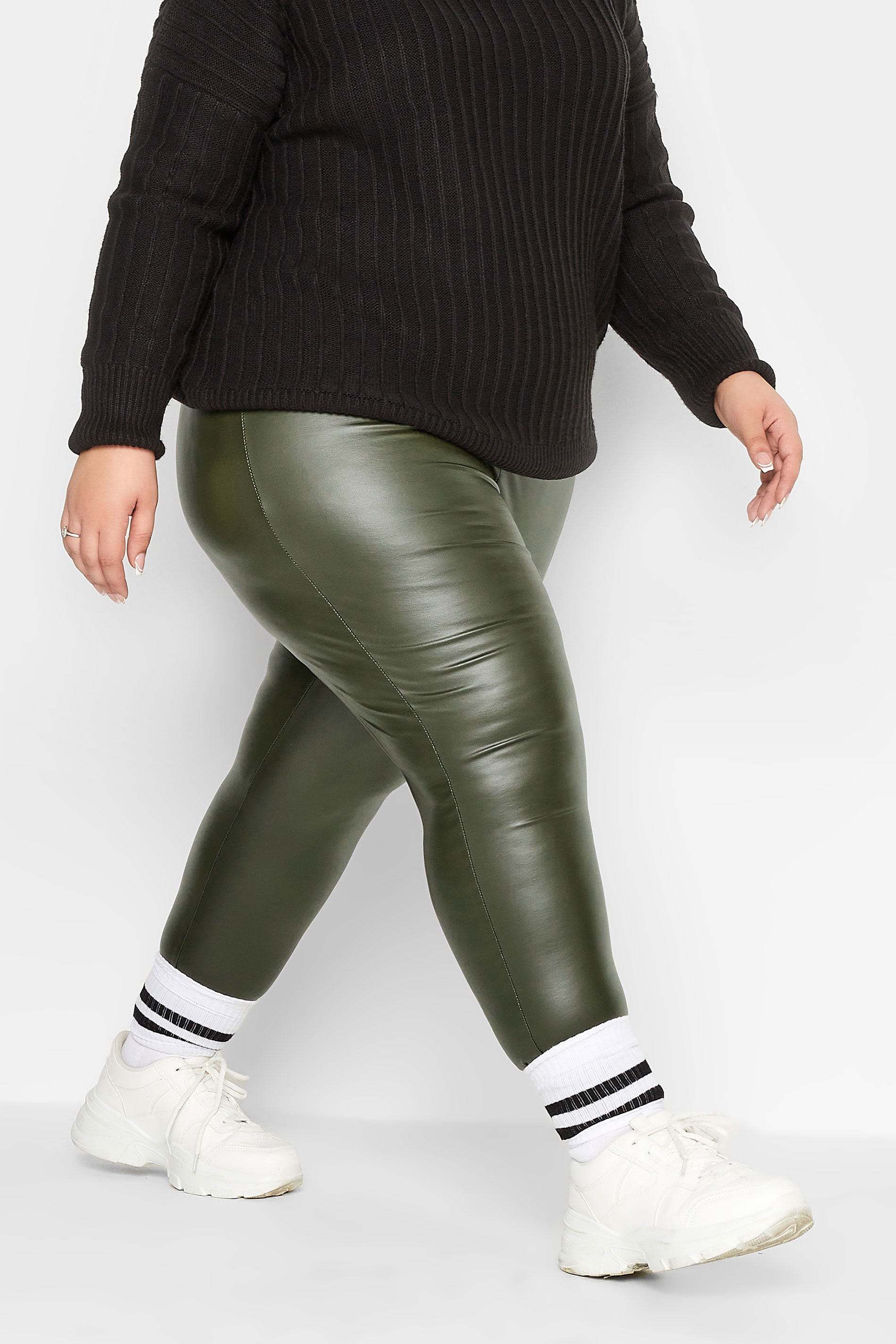 Petite Womens Khaki Green Stretch Leather Leggings | PixieGirl 1