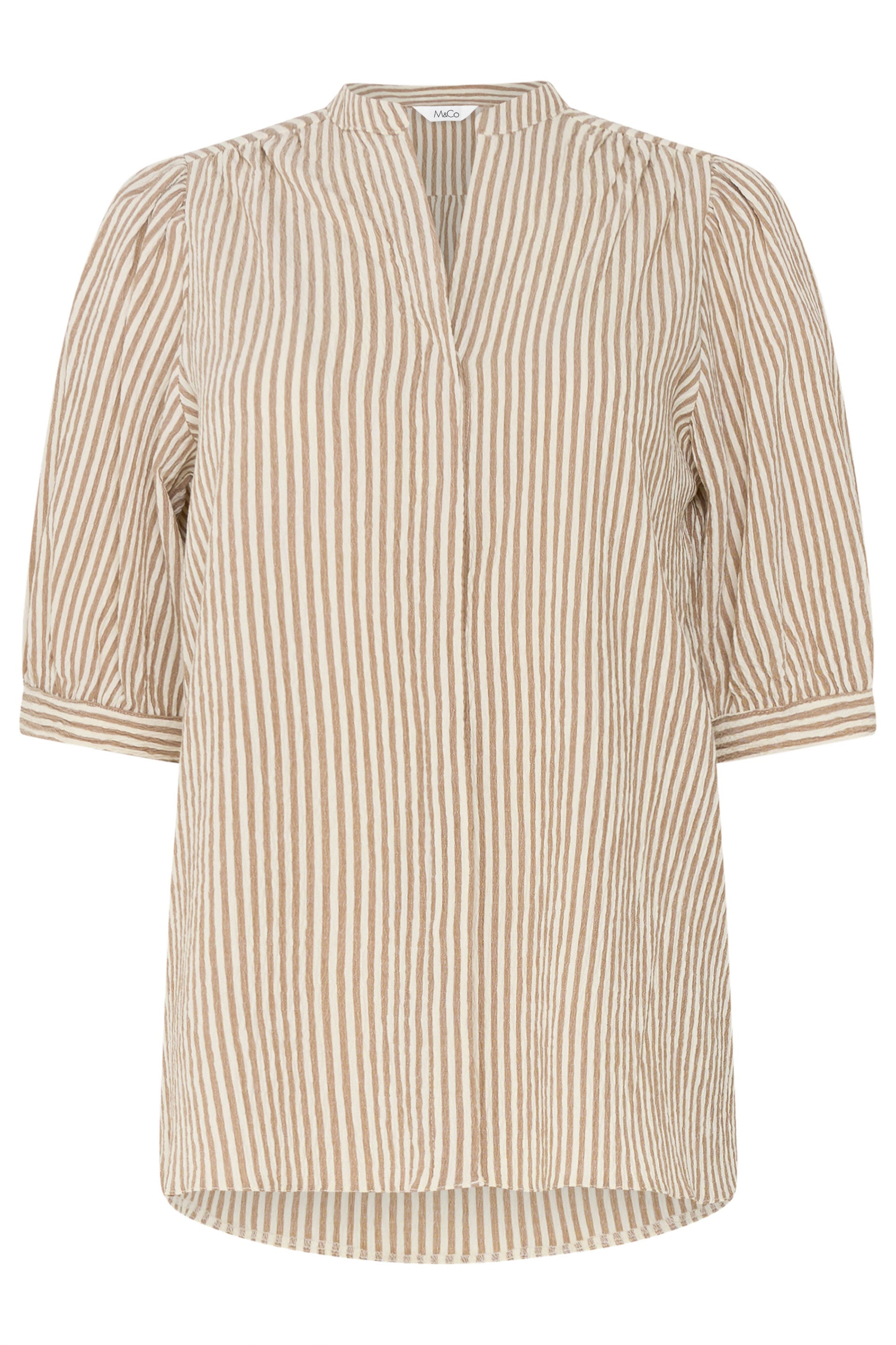 M&Co Brown Stripe Textured Puff Sleeve Shirt | M&Co 6