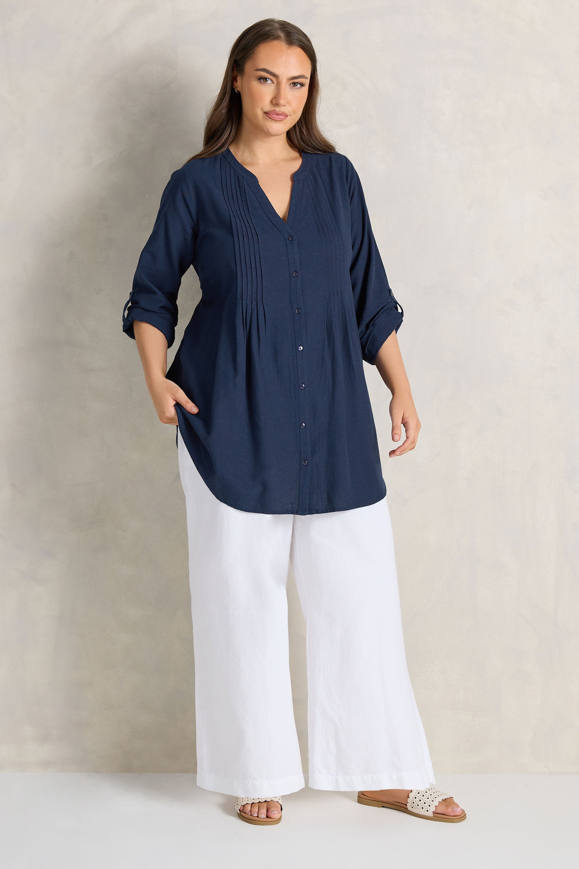 EVANS Plus Size Navy Blue Linen Pintuck Shirt | Evans 1