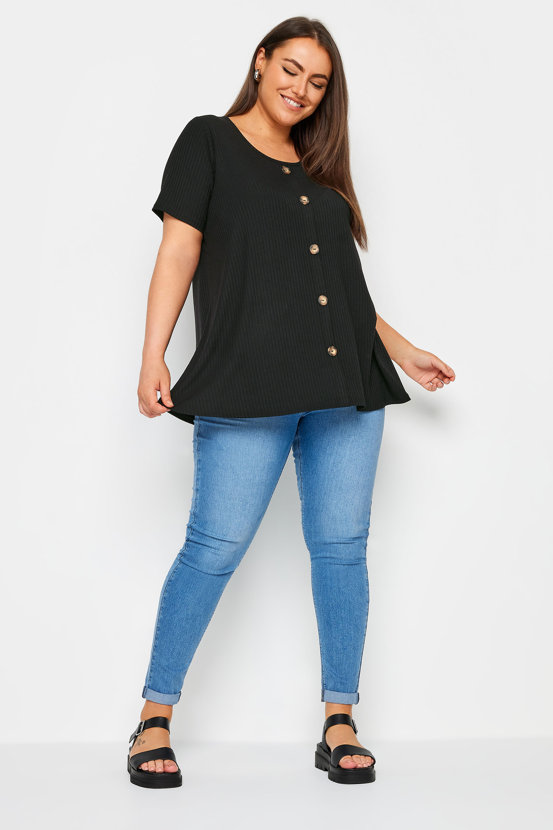 YOURS Plus Size Black Button Front Ribbed Swing Top | Yours Clothing 2