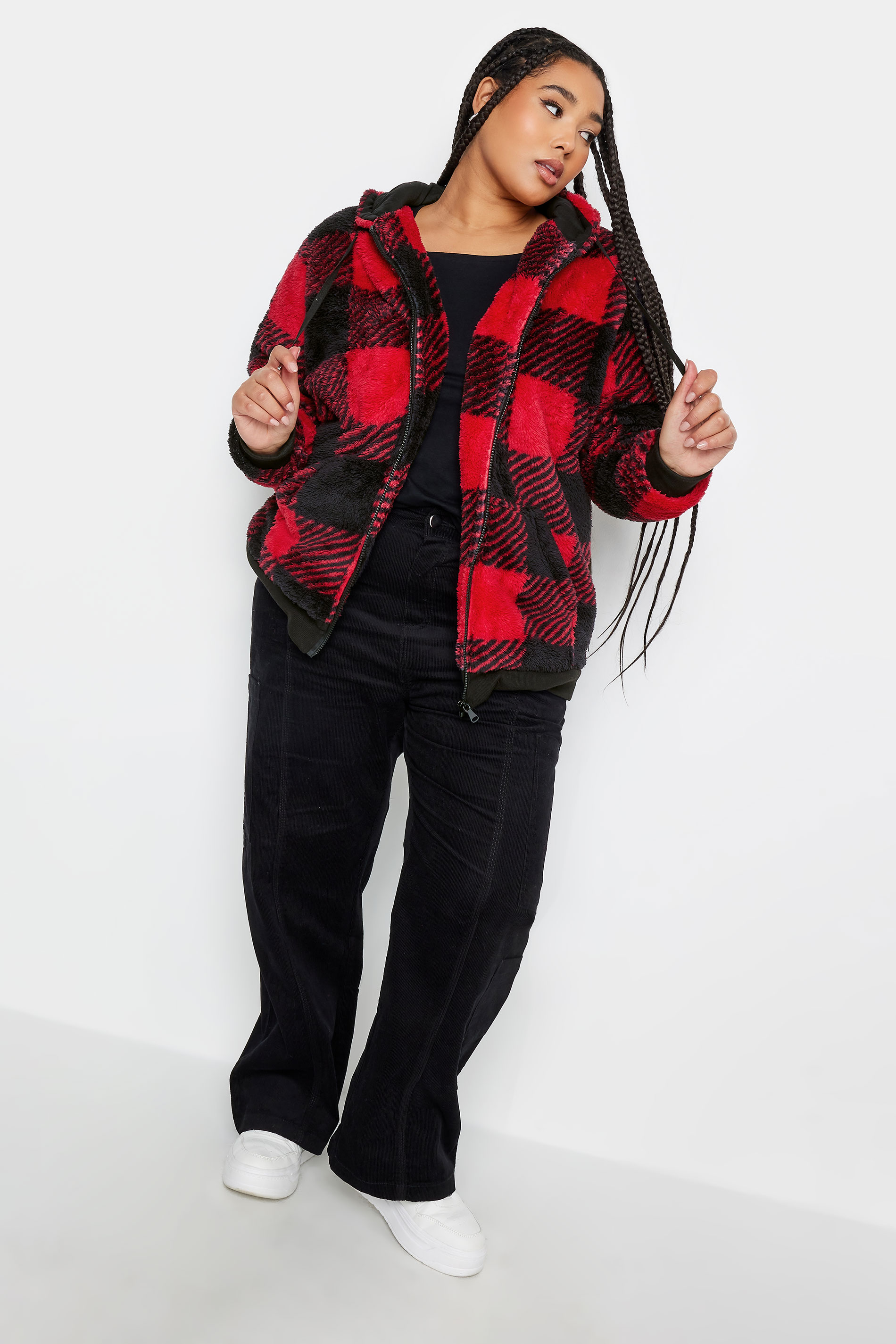 YOURS Plus Size Red Check Zip Through Fleece Hoodie | Yours Clothing 3