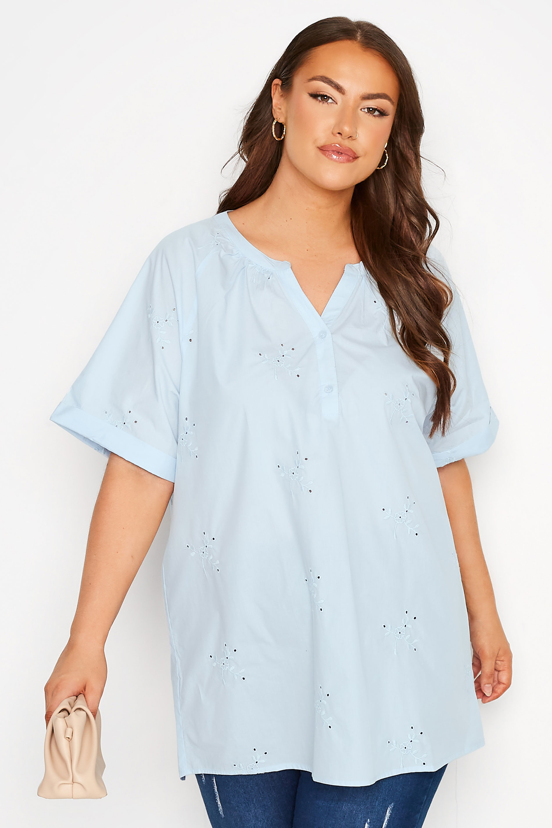 Plus Size Blue Embroidered Half Placket Raglan Blouse | Yours Clothing 1
