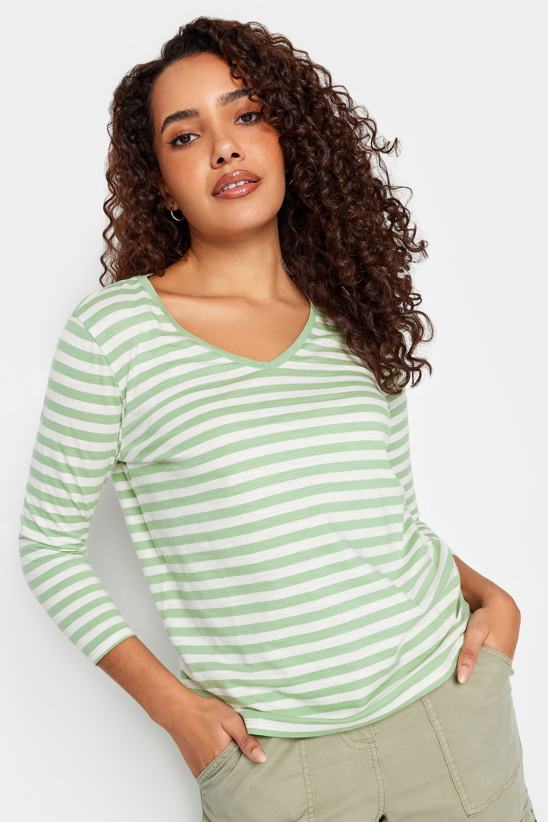 M&Co Green & Ivory Stripe V-Neck Cotton Long Sleeve T-Shirt | M&Co 1