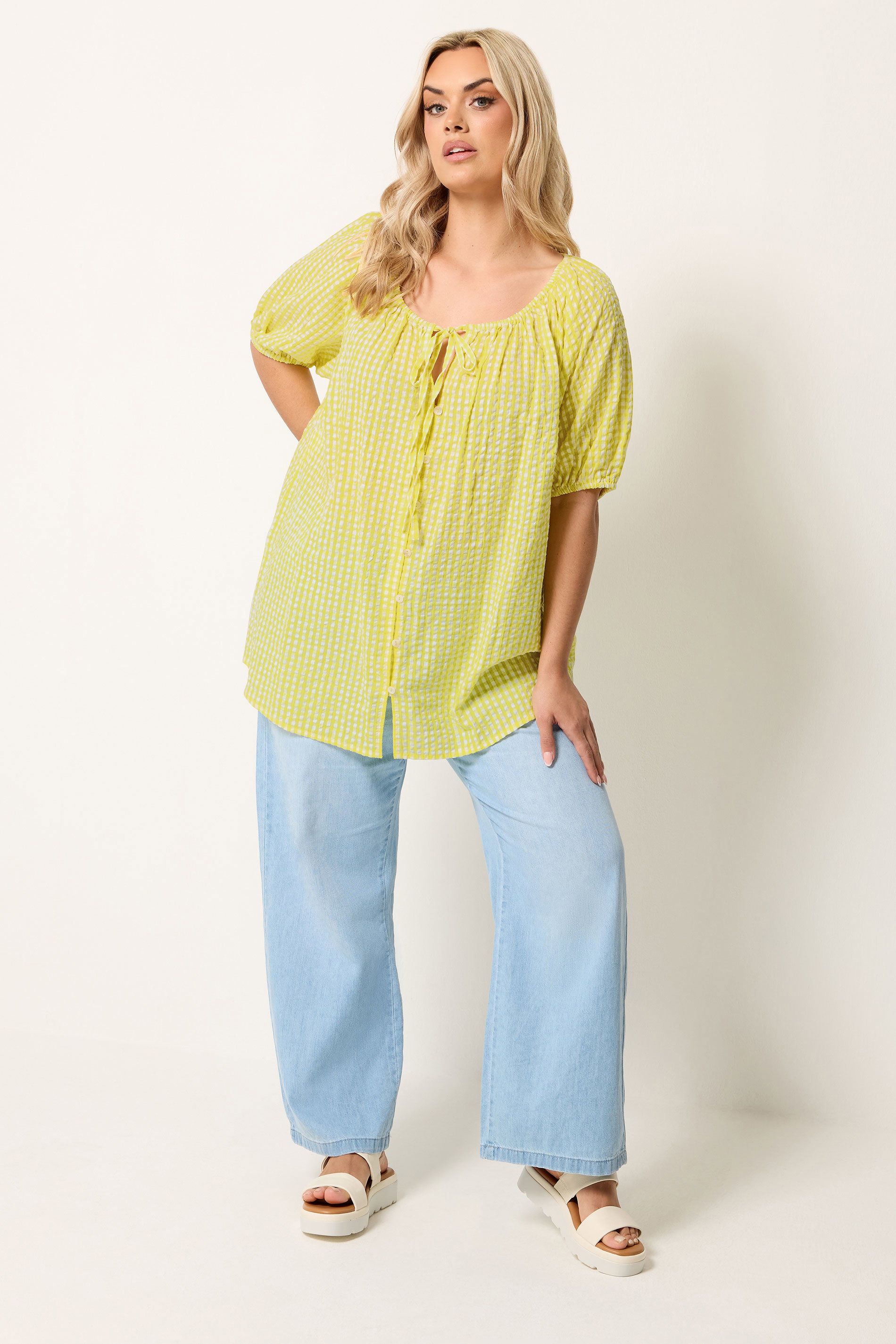 YOURS Plus Size Yellow Gingham Puff Sleeve Blouse | Yours Clothing 1