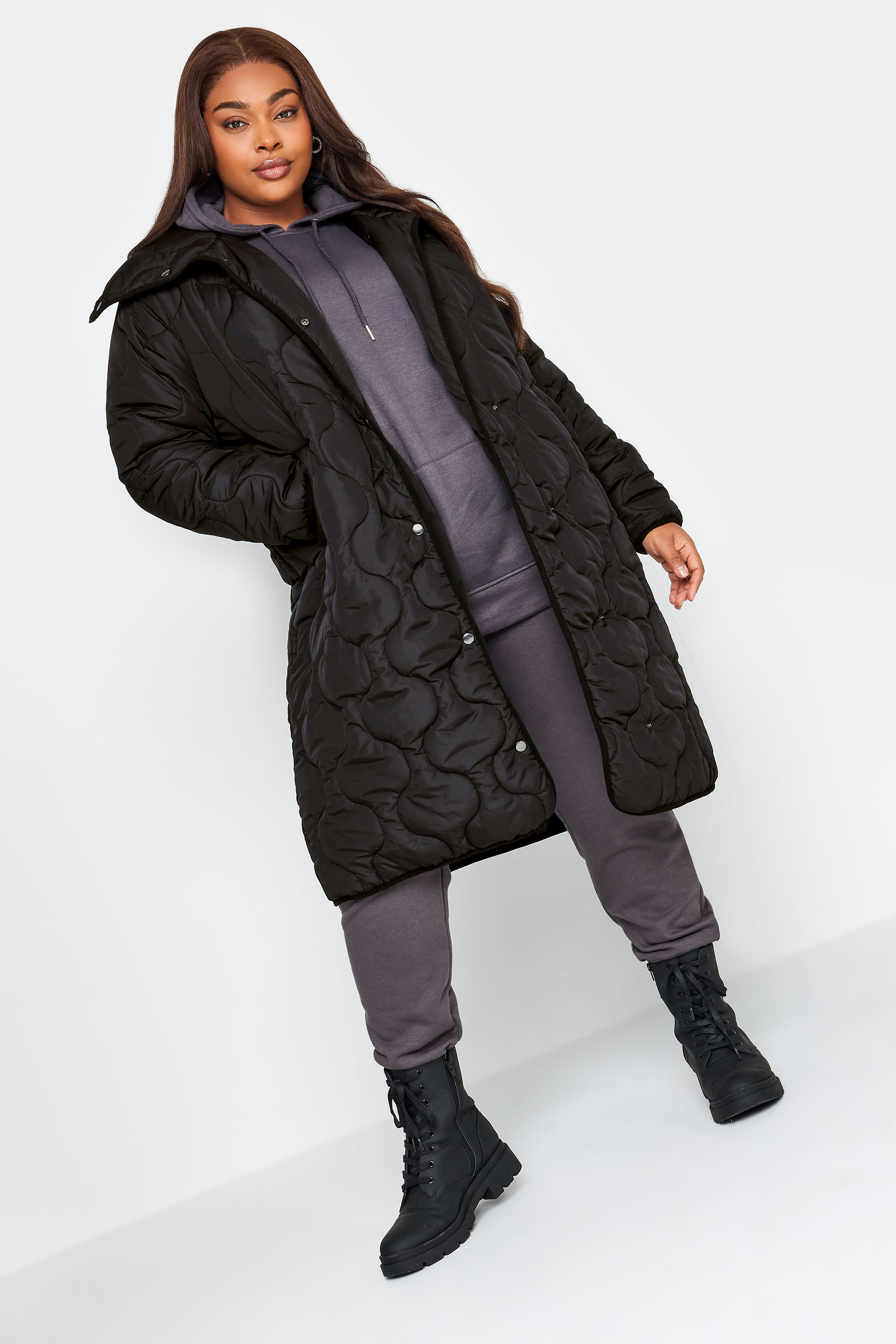 YOURS Plus Size Black Quilted Funnel Neck Coat | Yours Clothing