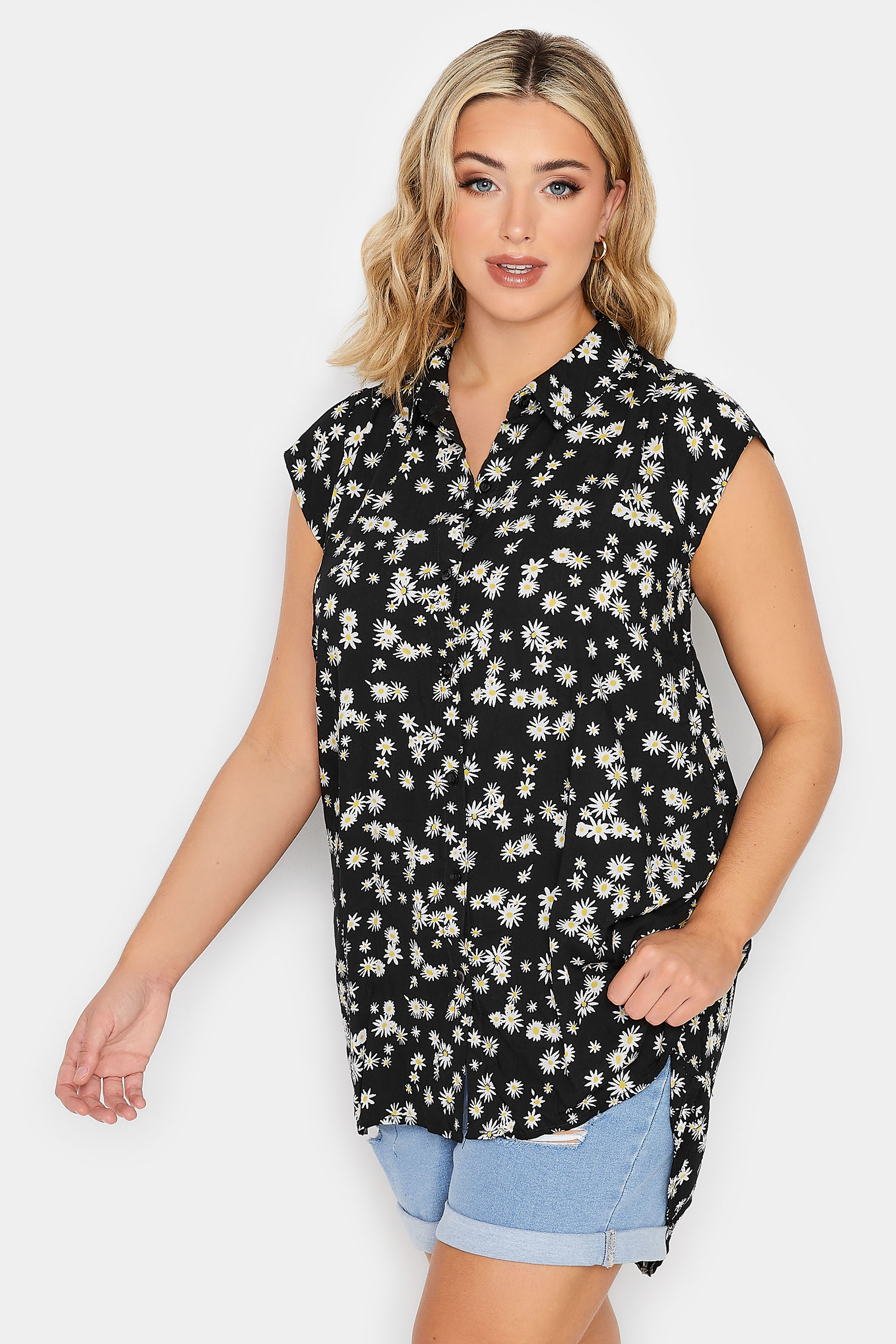 YOURS Plus Size Black Daisy Print Sleeveless Blouse | Yours Clothing 1