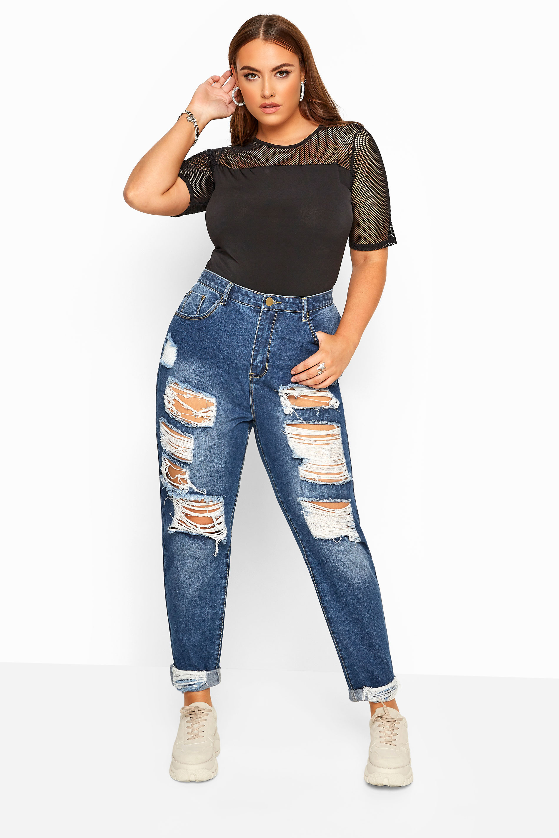 Mid Blue Extreme Ripped MOM Jeans | Yours Clothing