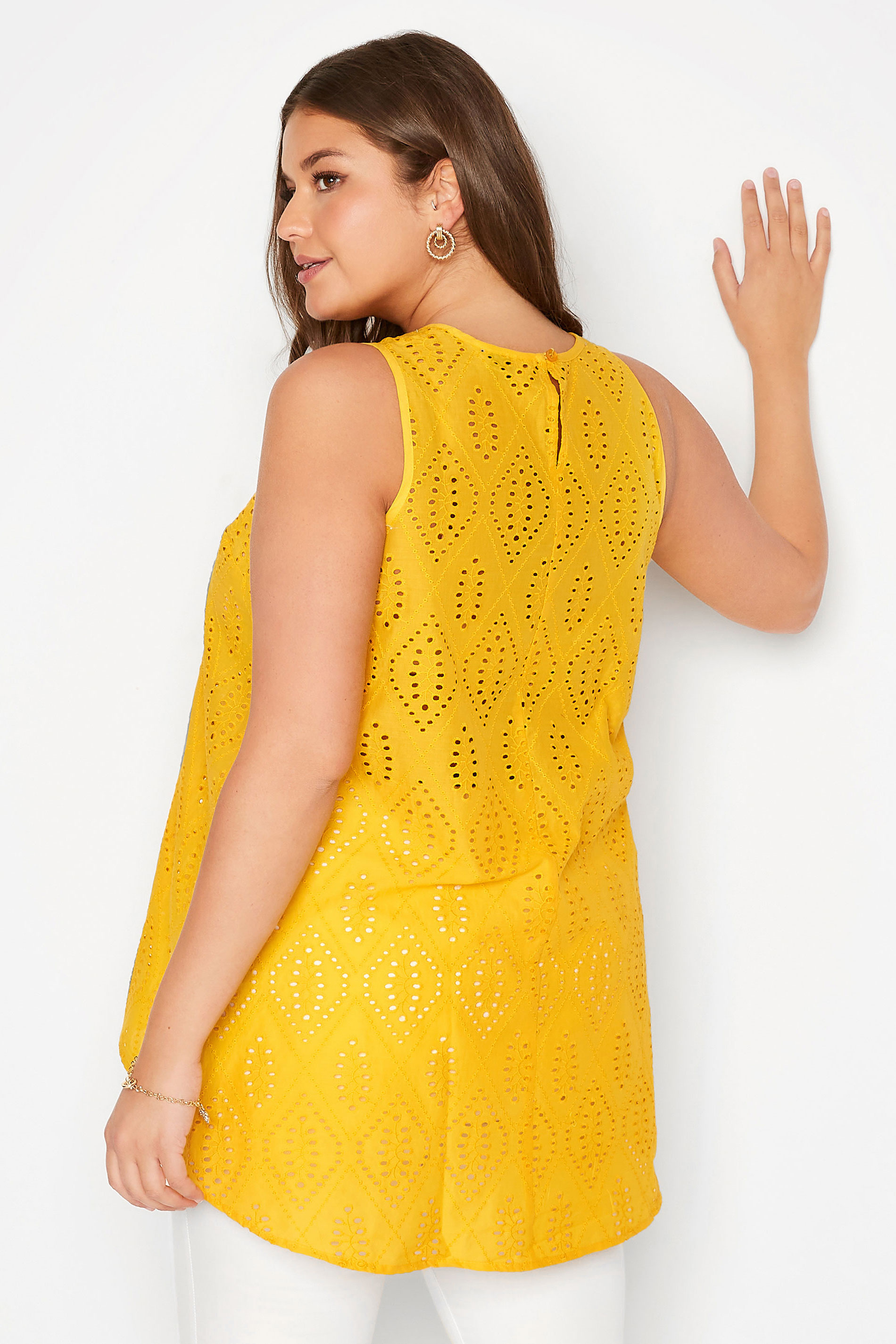 Plus Size Mustard Yellow Broderie Anglaise Dipped Hem Vest Top | Yours Clothing 3