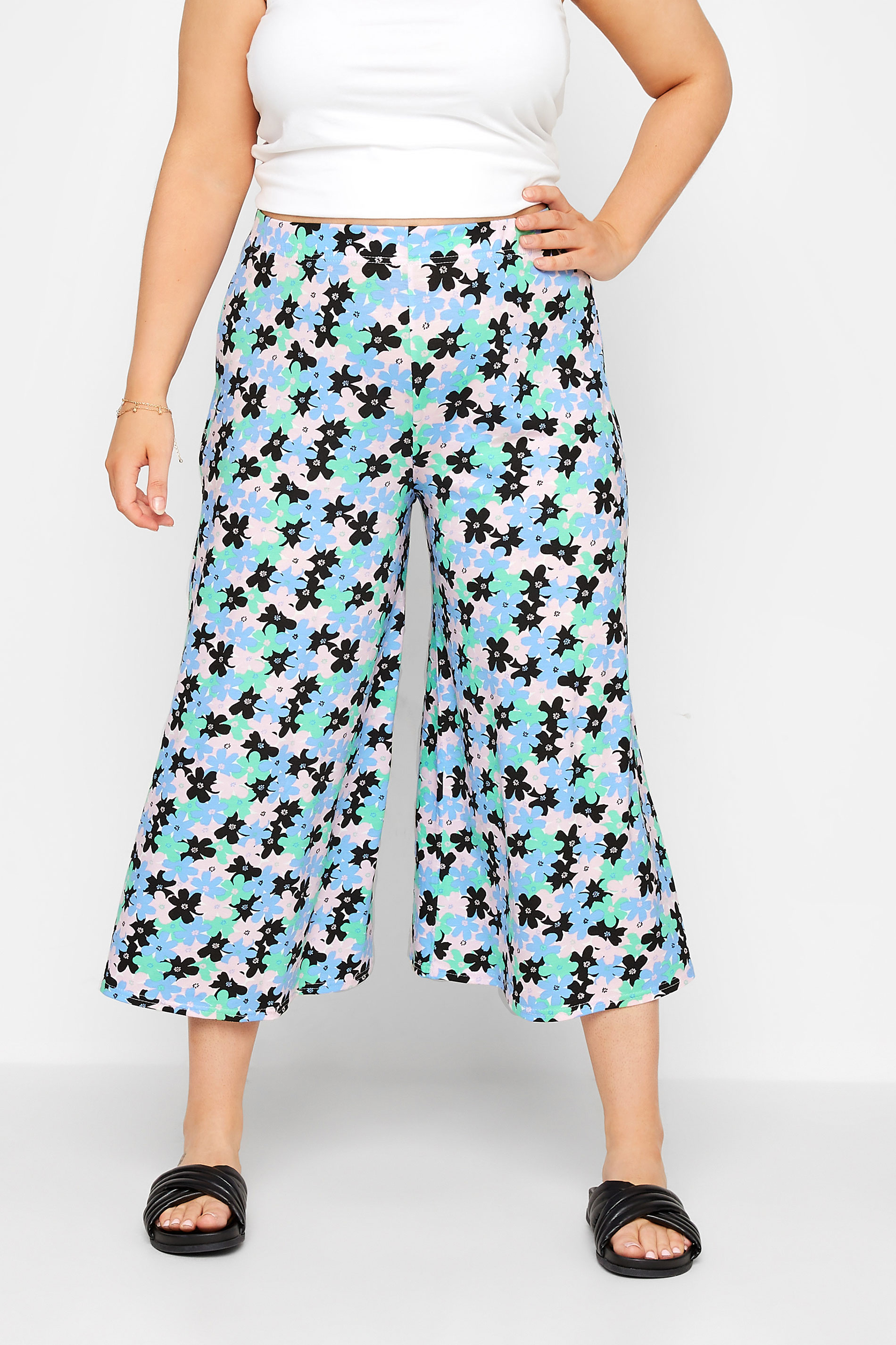 Plus Size Blue Abstract Floral Print Stretch Midaxi Culottes | Yours Clothing 1
