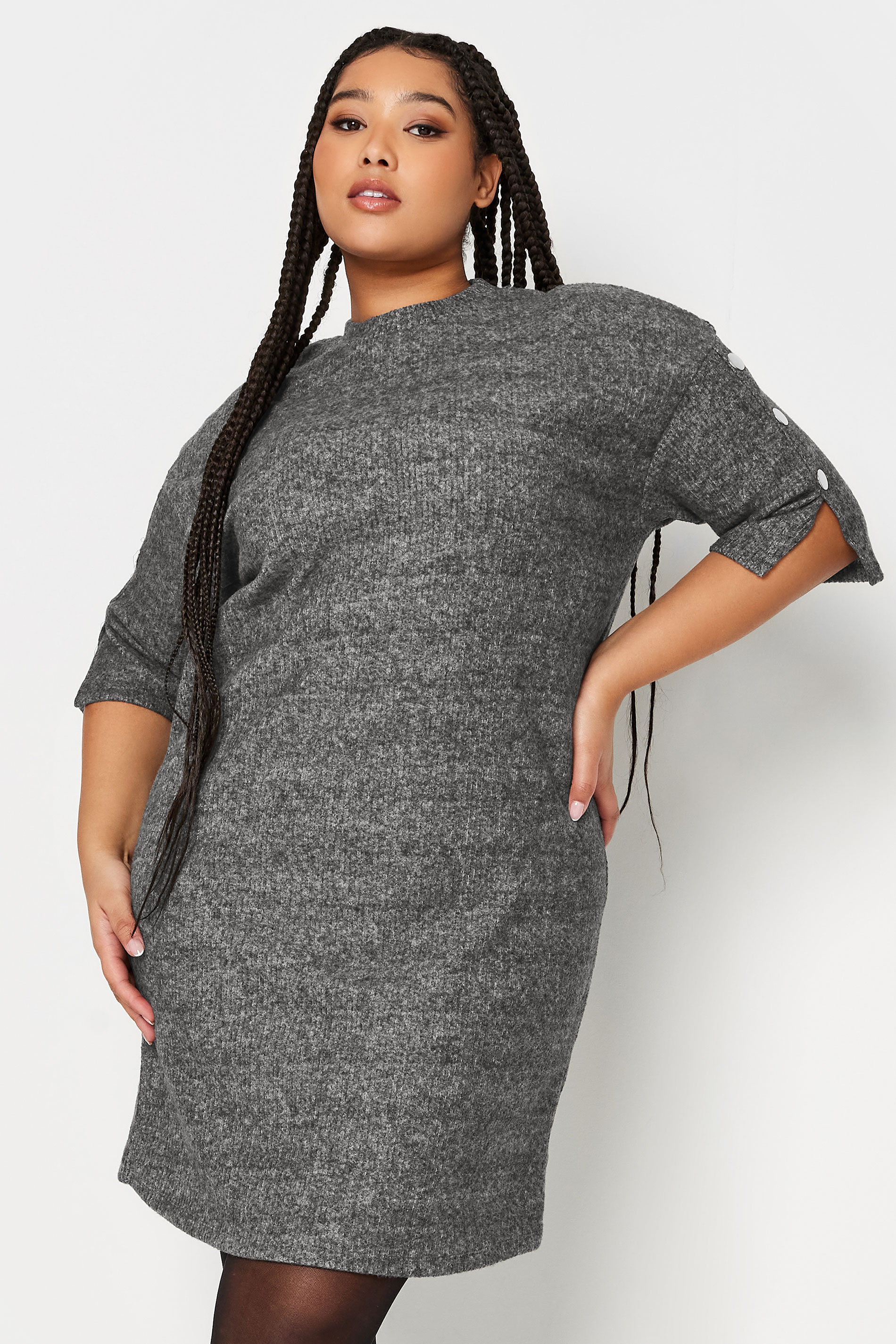 YOURS Curve Grey Soft Touch Button Detail Mini Dress | Yours Clothing 1