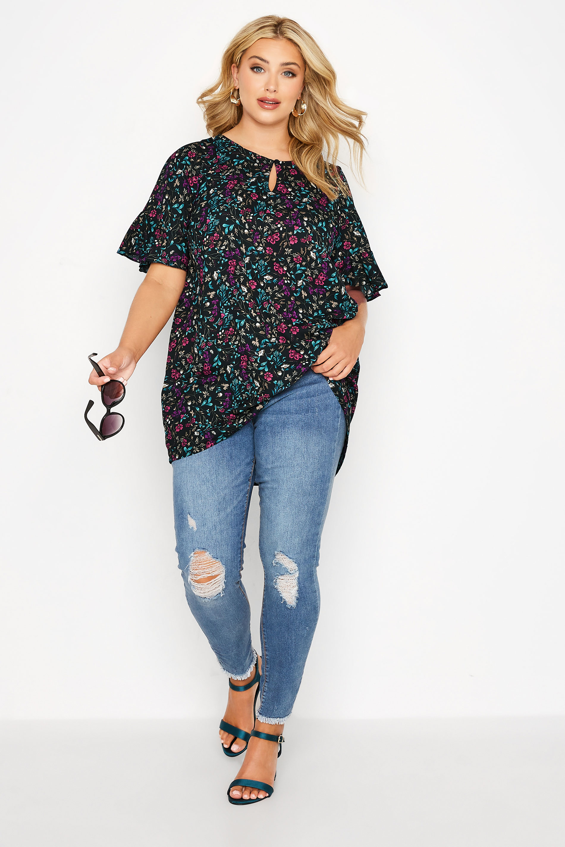 Plus Size Black Floral Frill Sleeve Keyhole Top | Yours Clothing 2