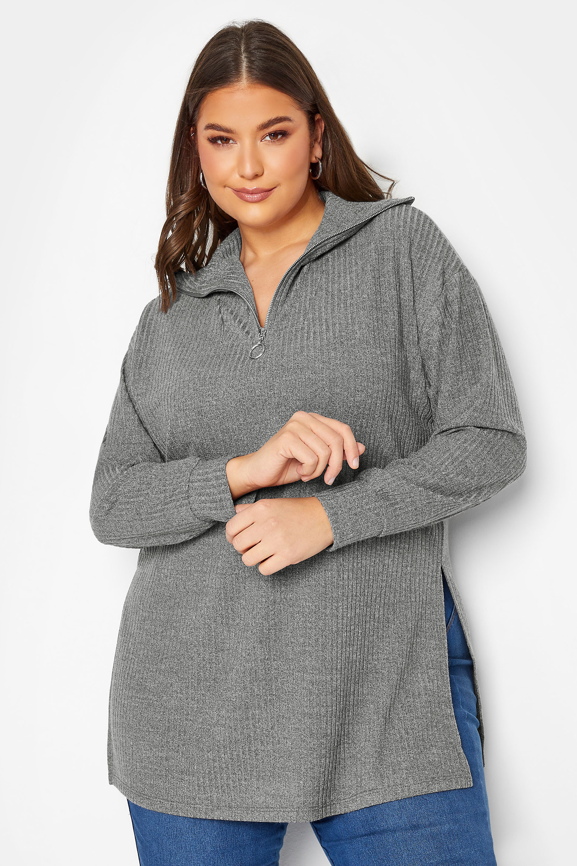 YOURS Plus Size Curve Charcoal Grey Ribbed Half Zip Jumper | Yours Clothing 1