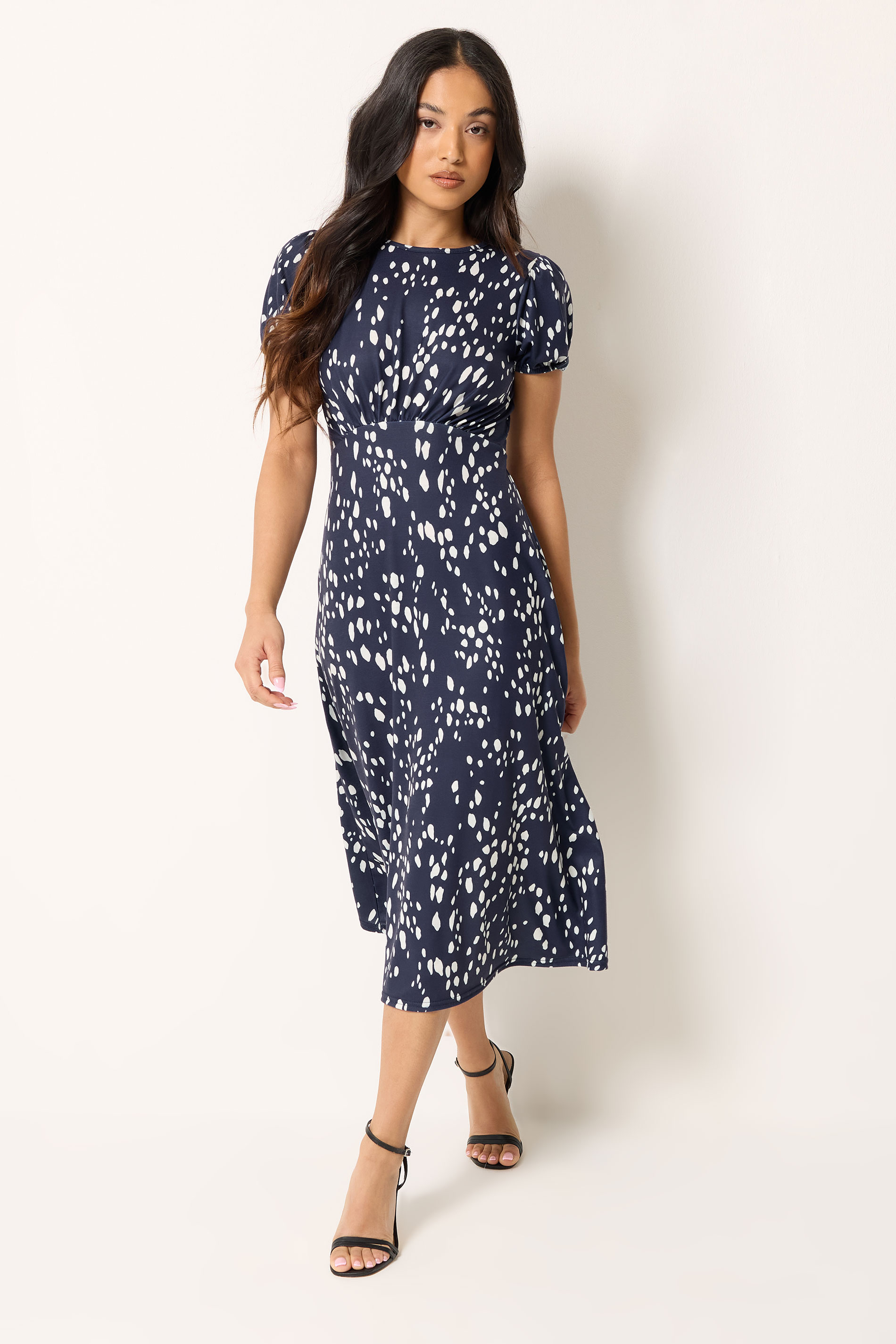 PixieGirl Petite Navy Blue Spot Print Midi Dress | PixieGirl 1