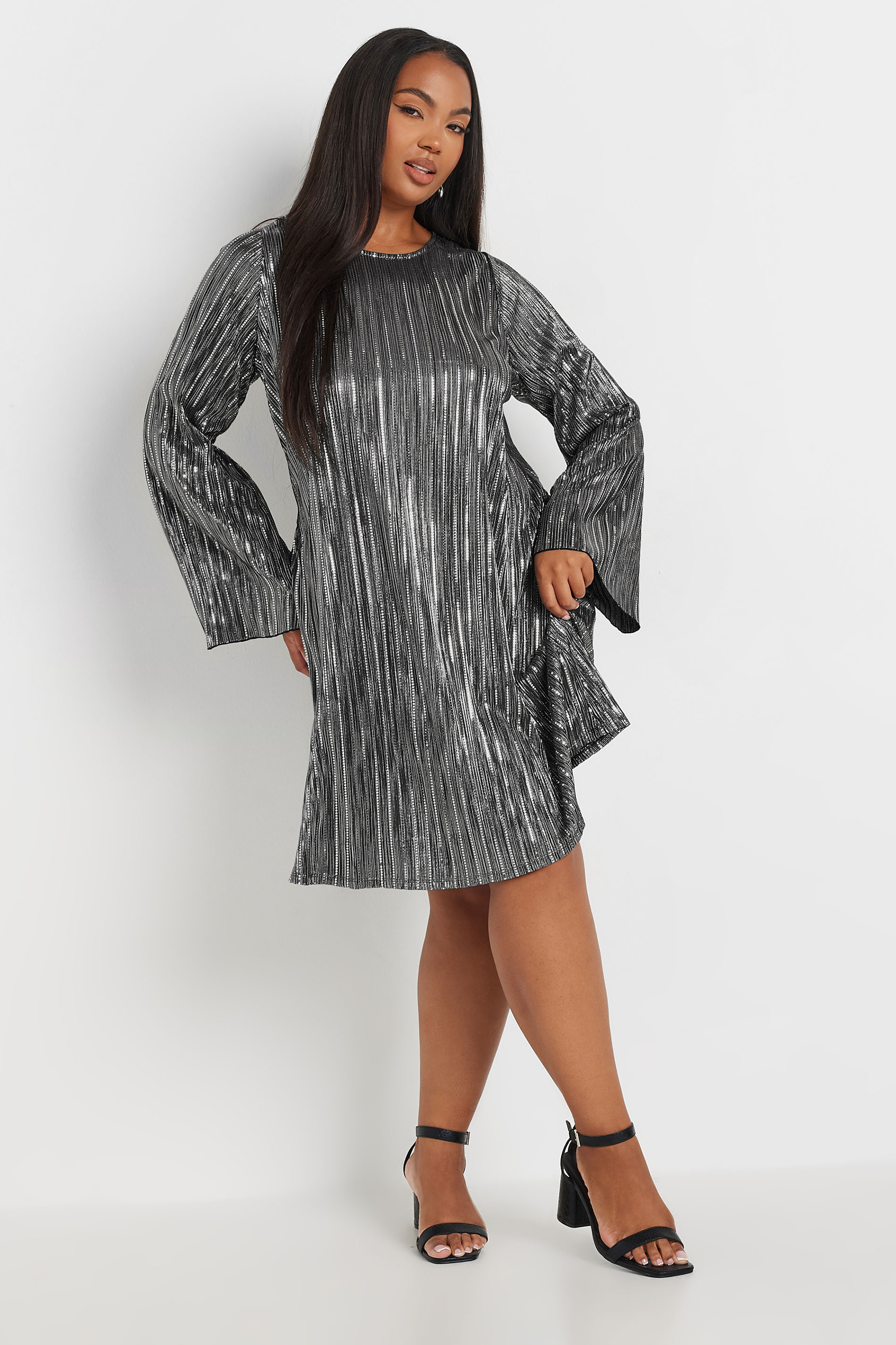 Yours Curve Silver Metallic Plisse Dress, Womens Curve & Plus Size, Yours