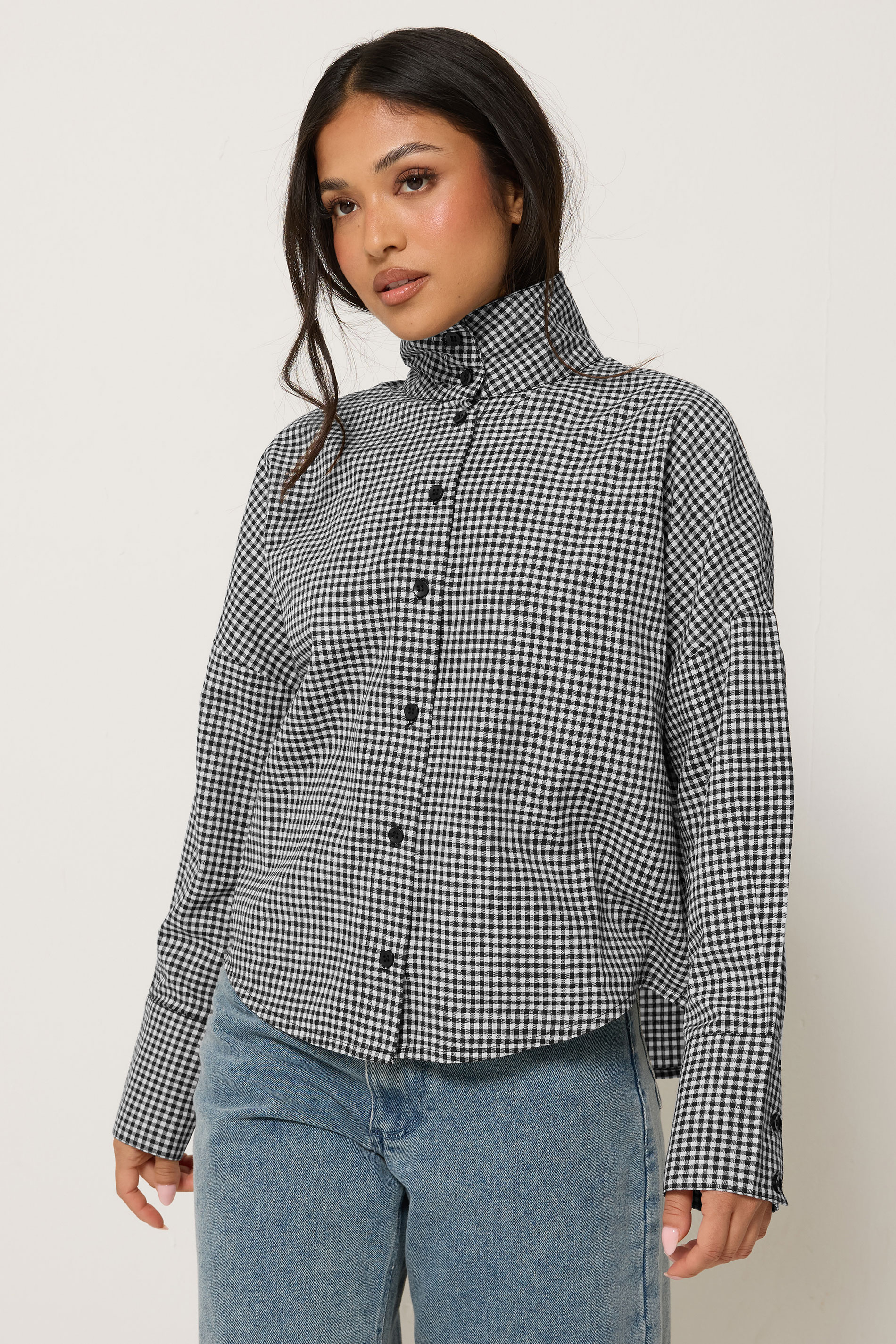 PixieGirl Petite Women's Black Gingham Funnel Neck Shirt| PixieGirl 3