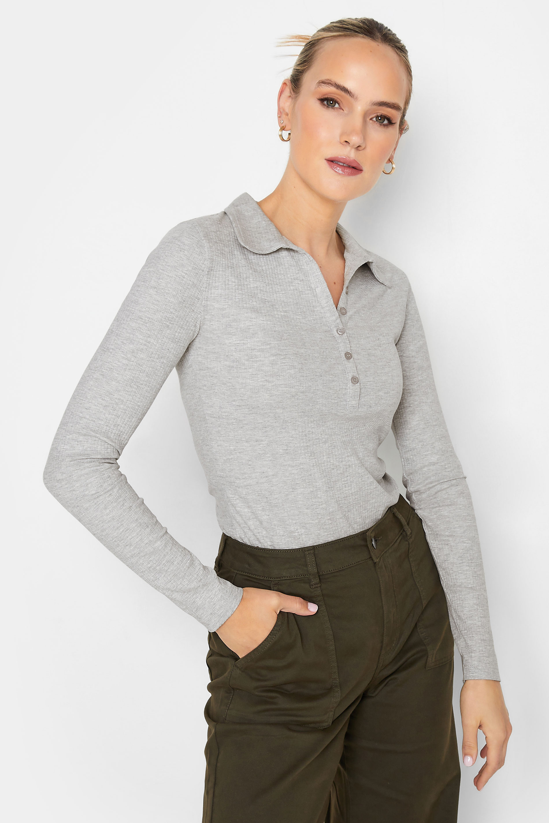 LTS Tall Grey Ribbed Button Detail Collared Top | Long Tall Sally 1