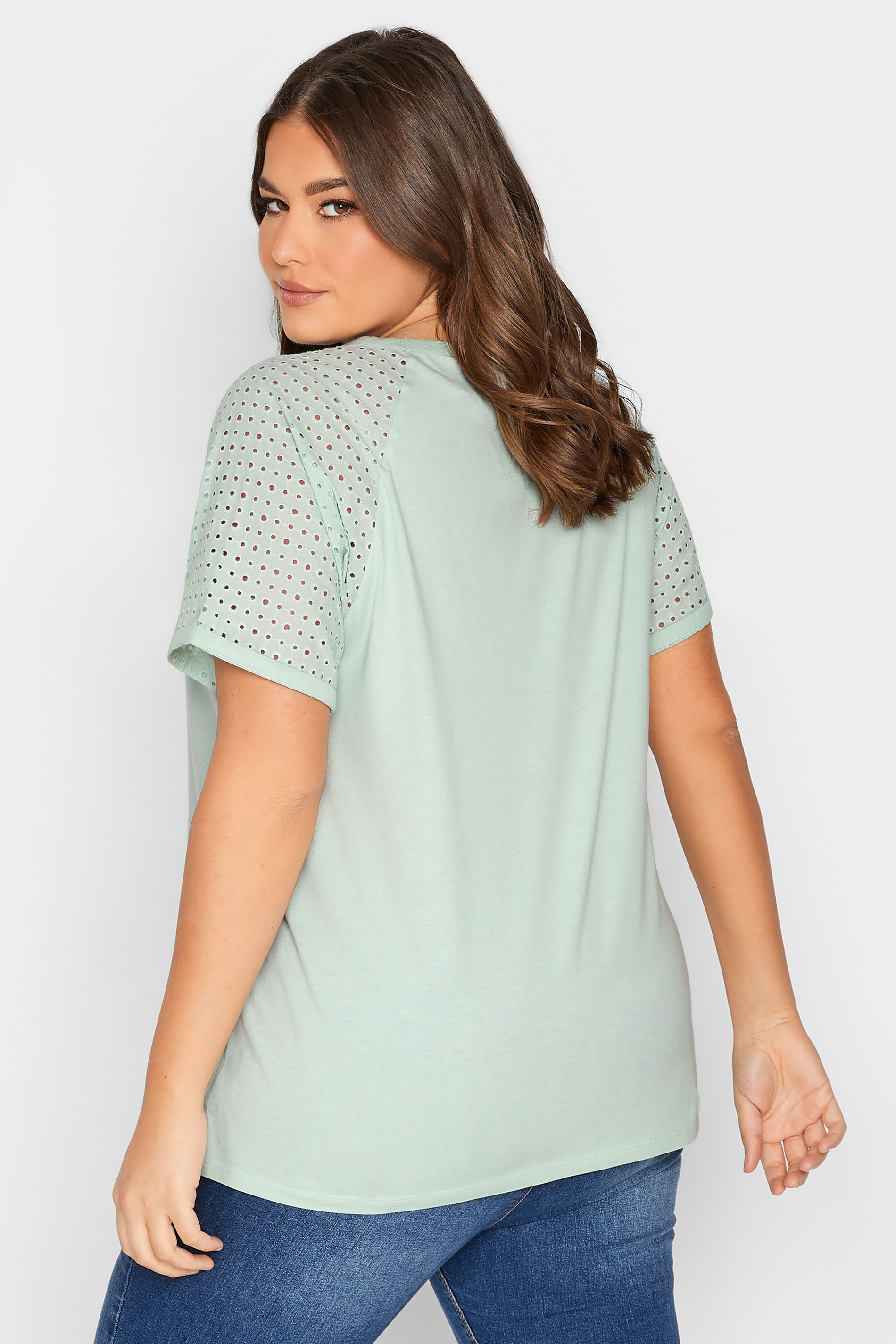 YOURS Plus Size Mint Green Broderie Anglaise Raglan T-Shirt | Yours Clothing 3