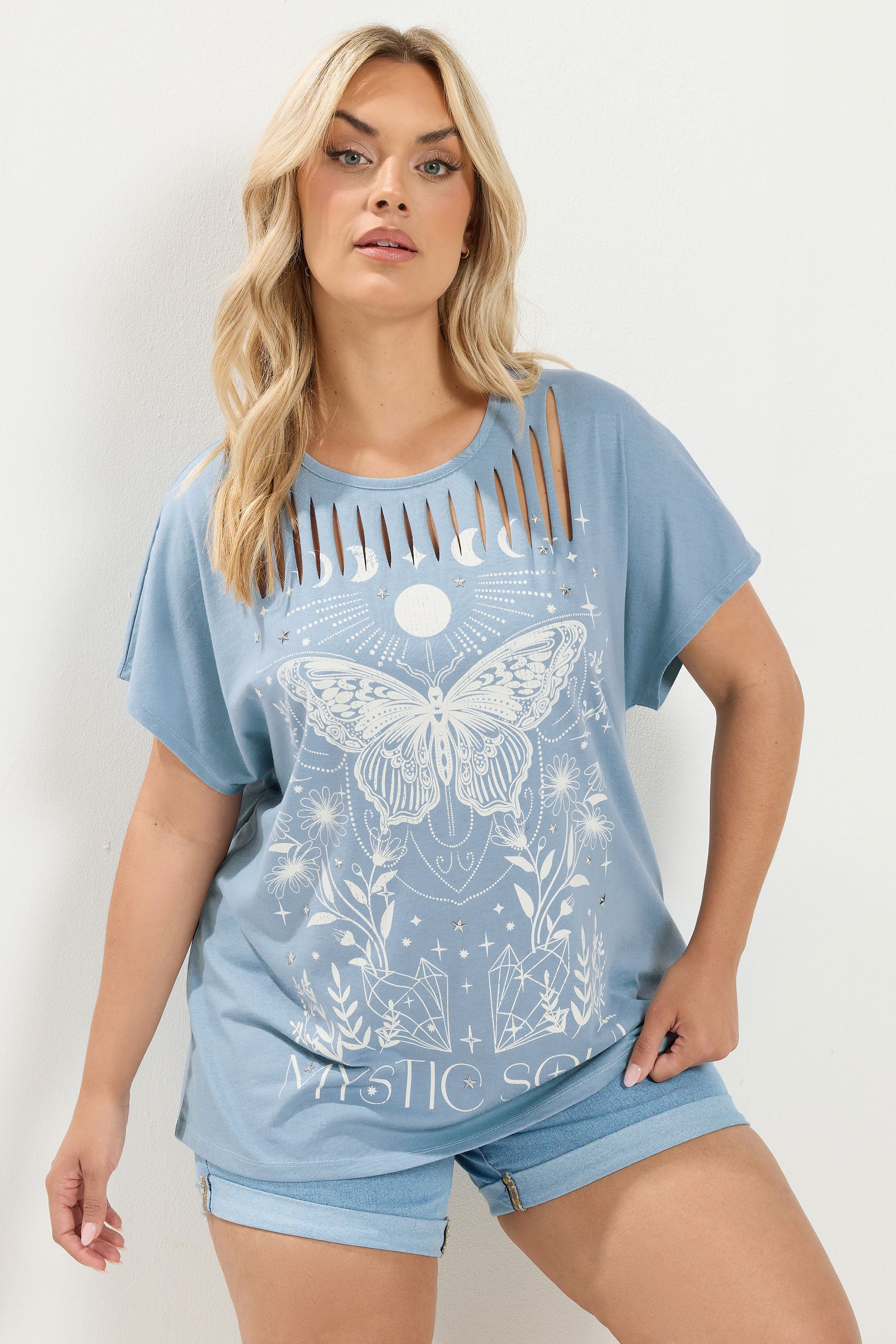 YOURS Plus Size Blue 'Mystic Soul' Laser Cut Slogan T-Shirt | Yours Clothing 3
