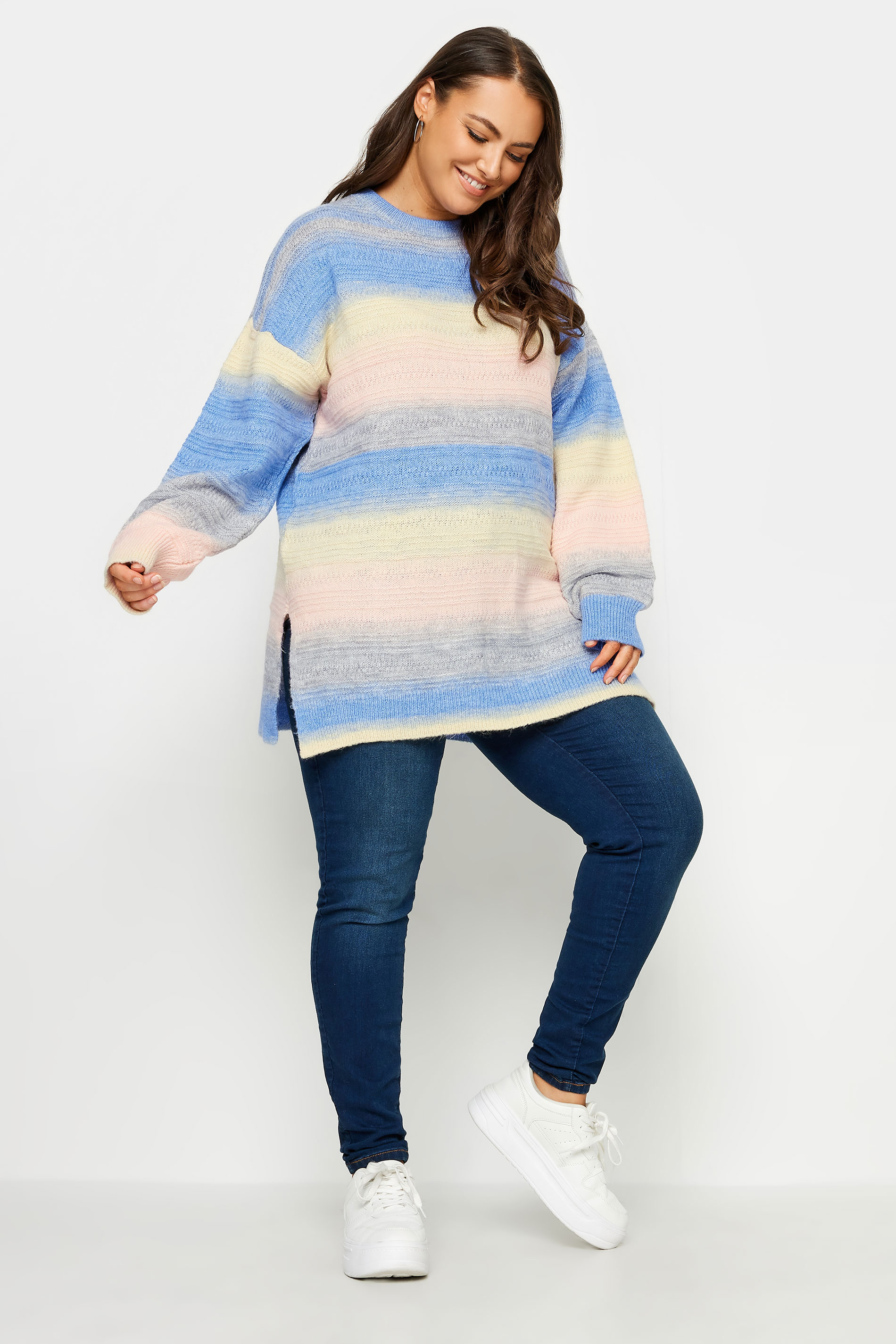 YOURS Plus Size Blue Stripe Side Split Knitted Jumper | Yours Clothing 2