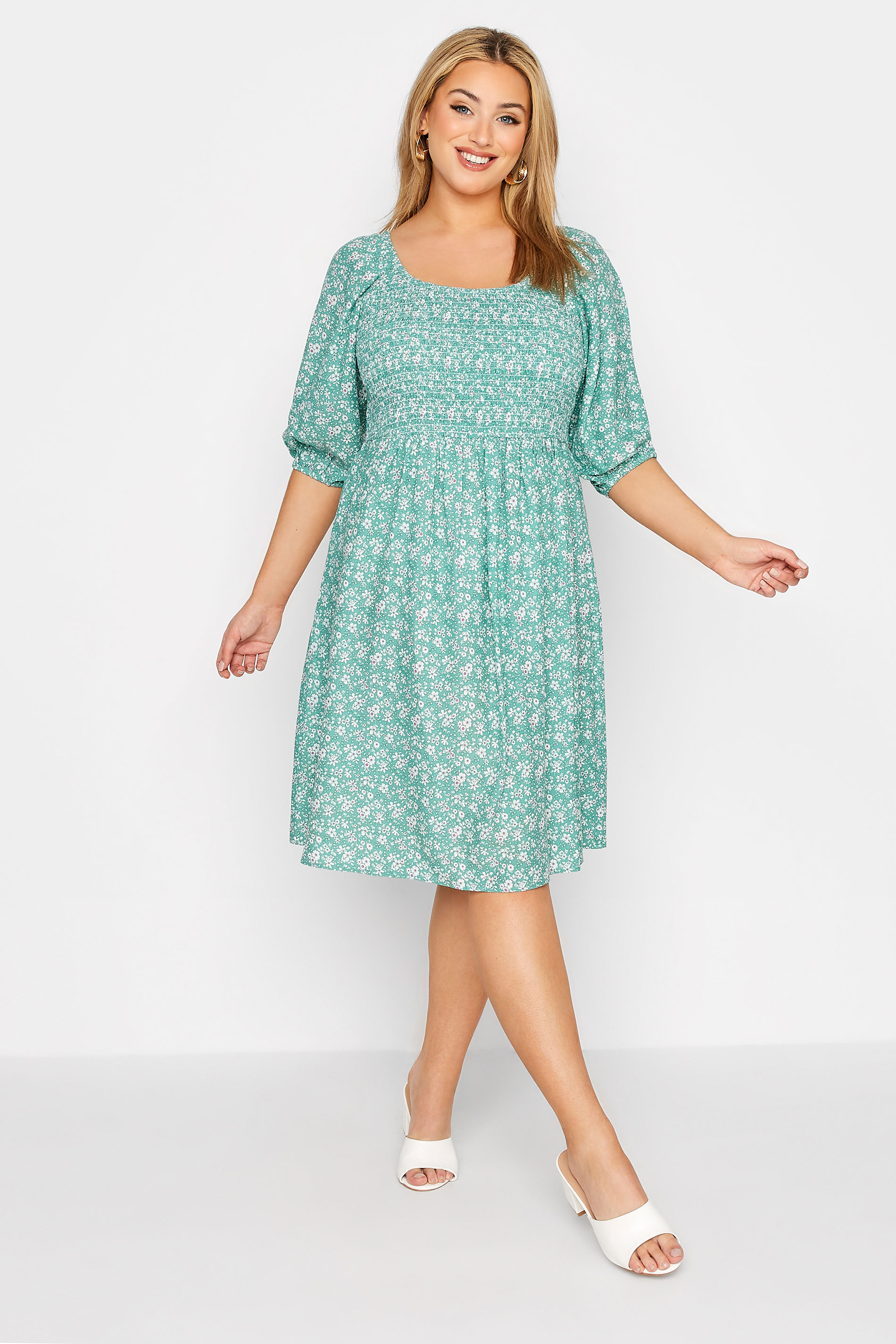 Plus Size Sage Green Ditsy Shirred Balloon Sleeve Midi Dress | Yours Clothing 1