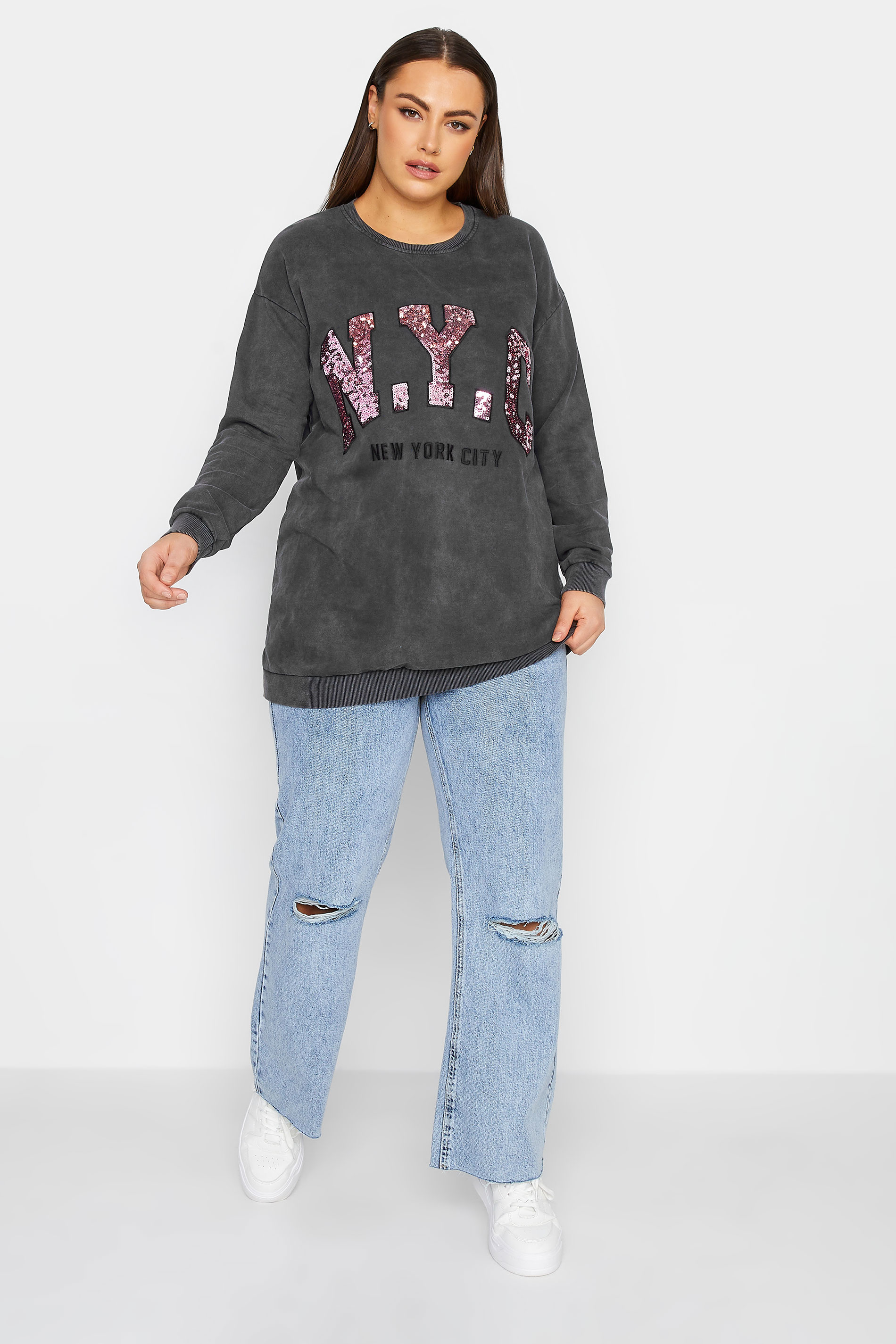 YOURS LUXURY Plus Size Grey Acid Wash Embellished 'NYC' Sweatshirt | Yours Clothing 3