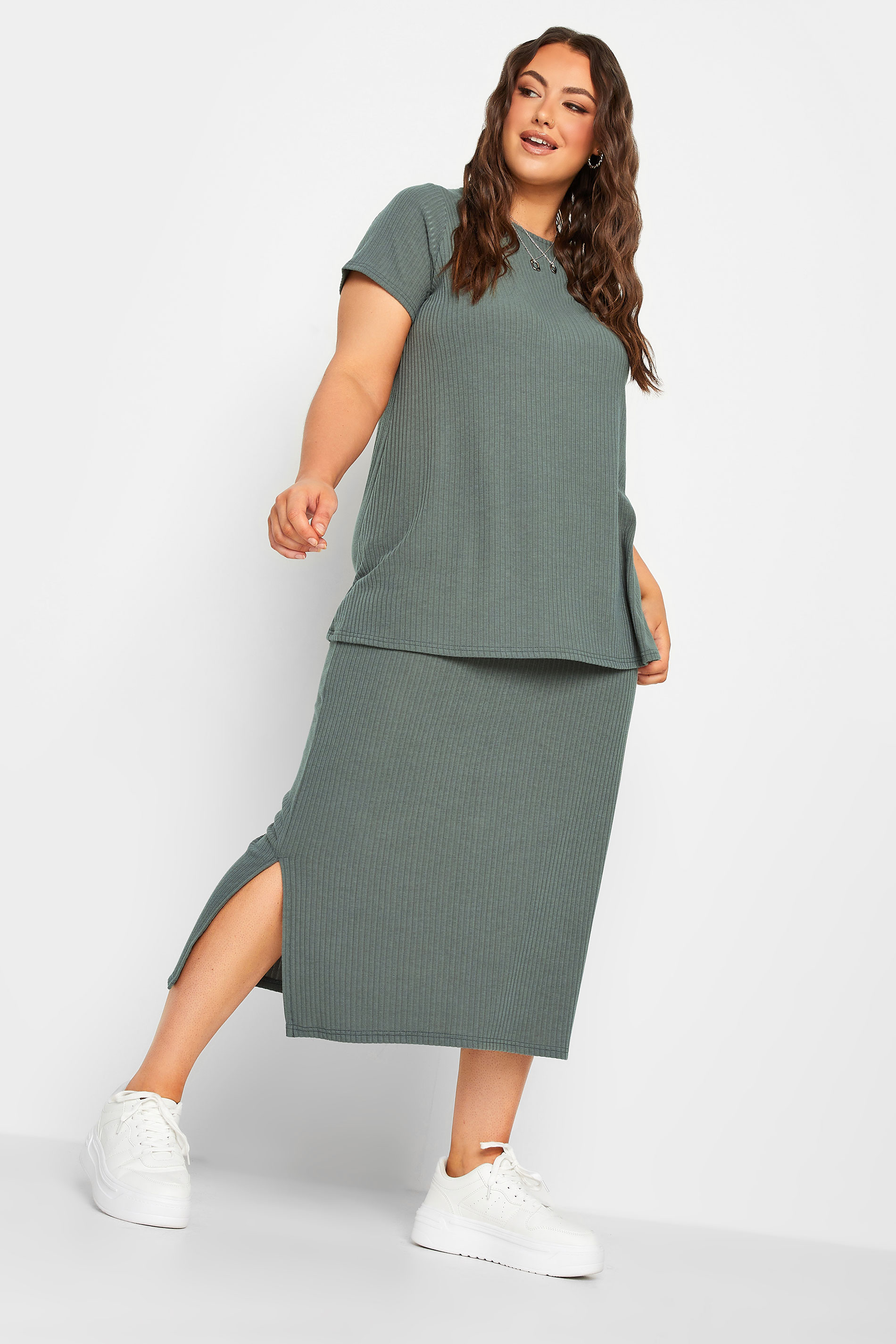 YOURS Plus Size Sage Green Ribbed Midi Skirt | Yours Clothing 3