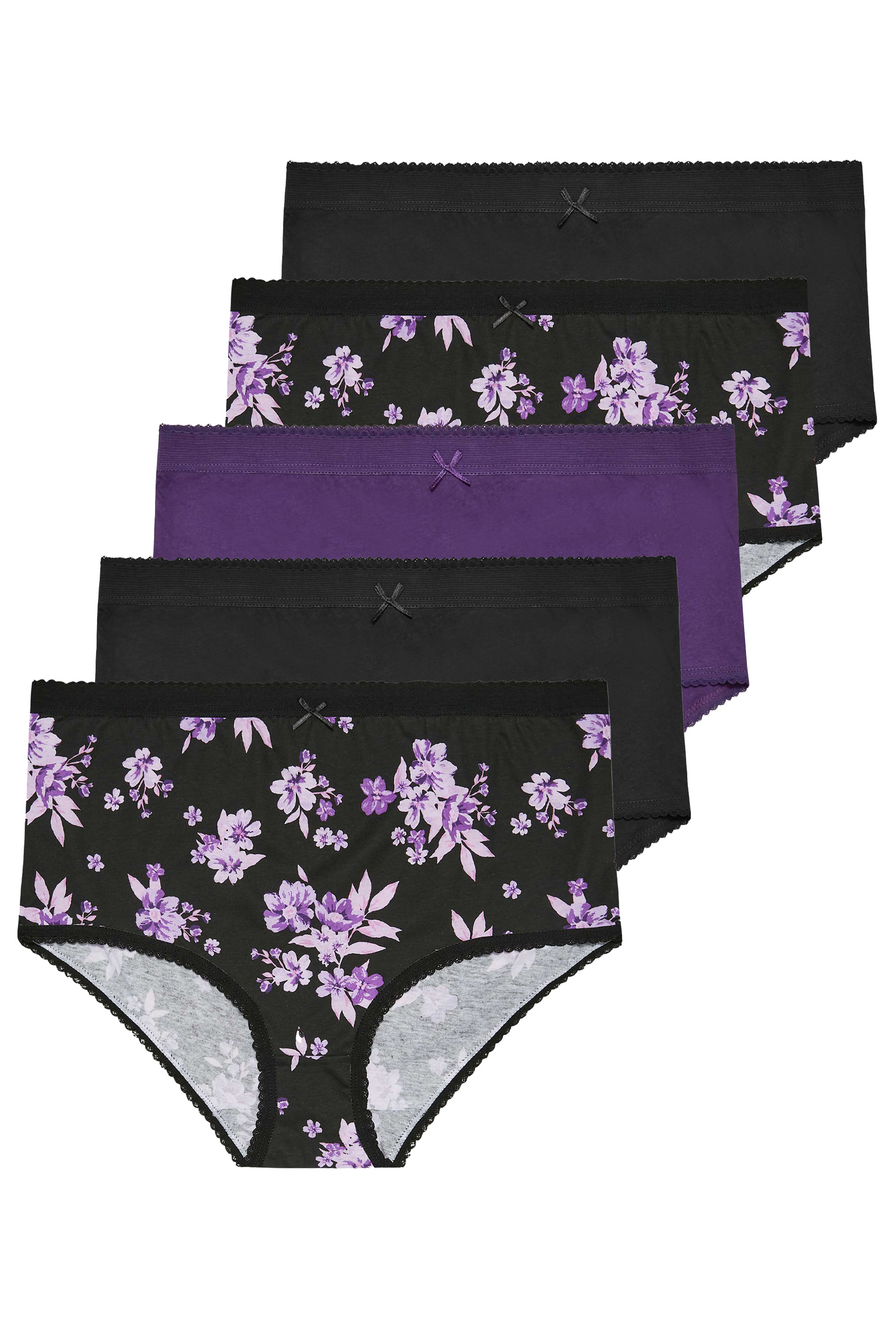 YOURS Plus Size 5 PACK Black & Purple Floral Print Full Briefs | Yours Clothing 3
