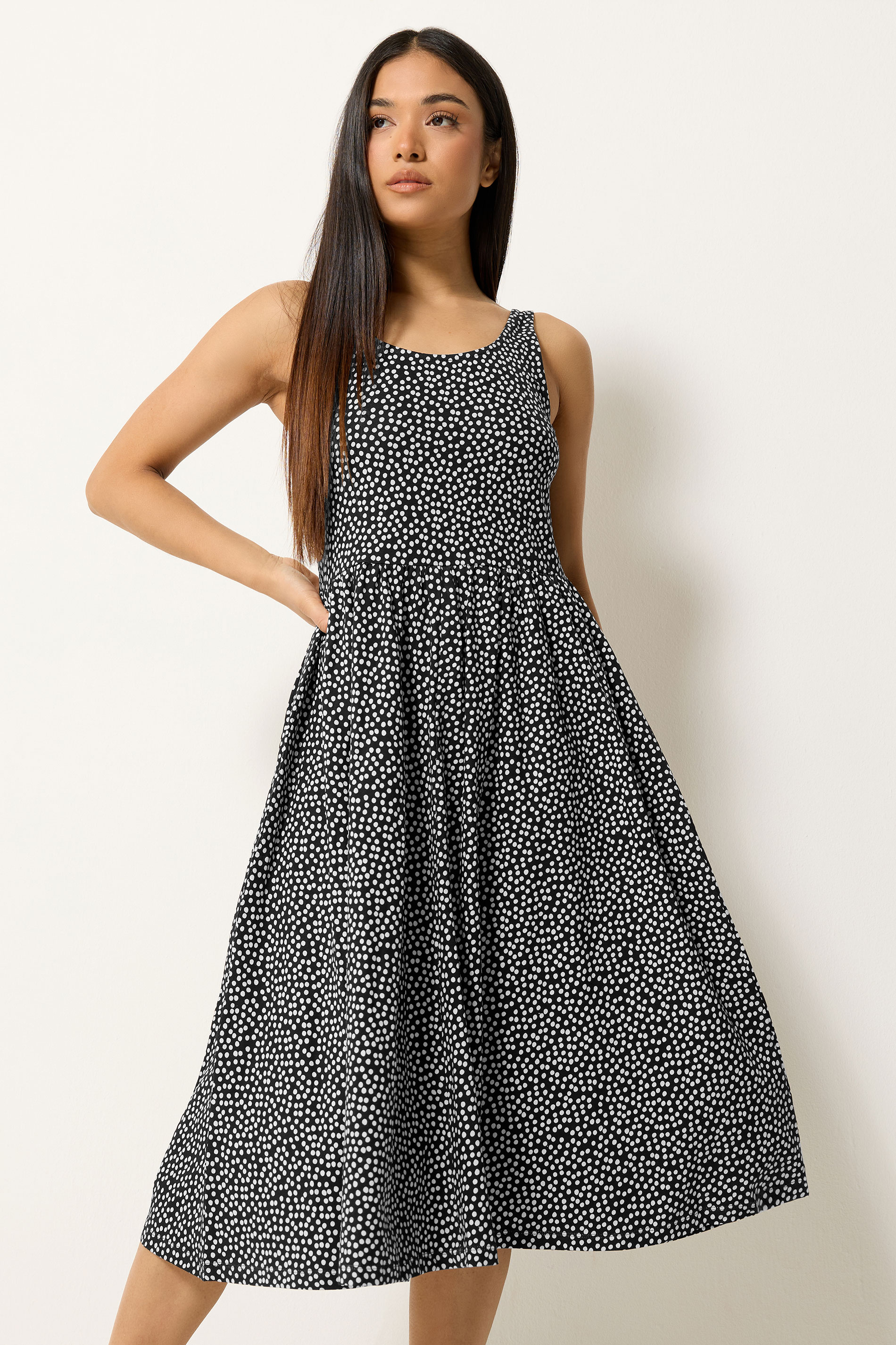 M&Co Petite Black Spot Print Sleeveless Cotton Midi Dress | M&Co 3