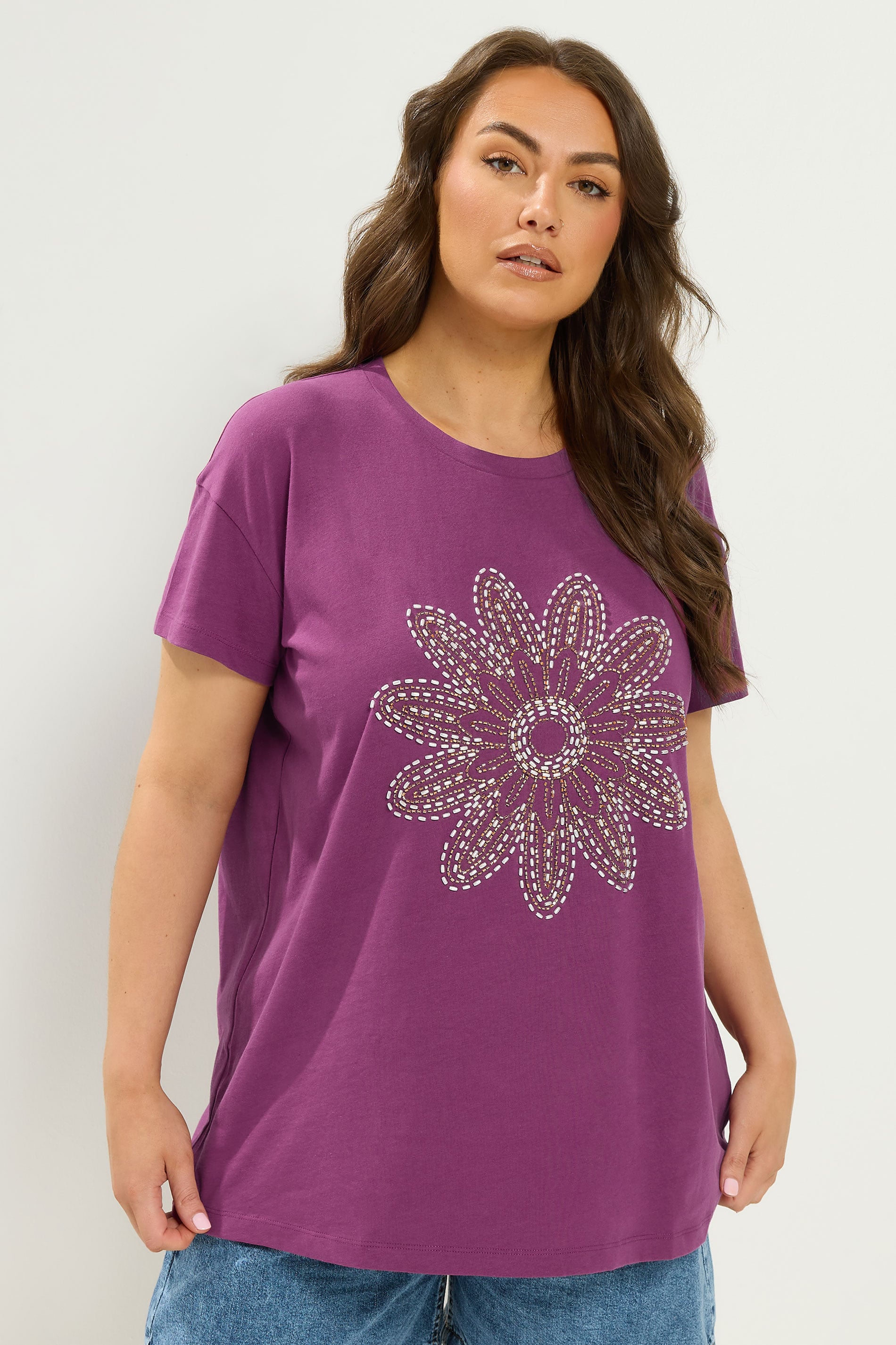 YOURS Plus Size Purple Beaded Daisy T-Shirt | Yours Clothing 3
