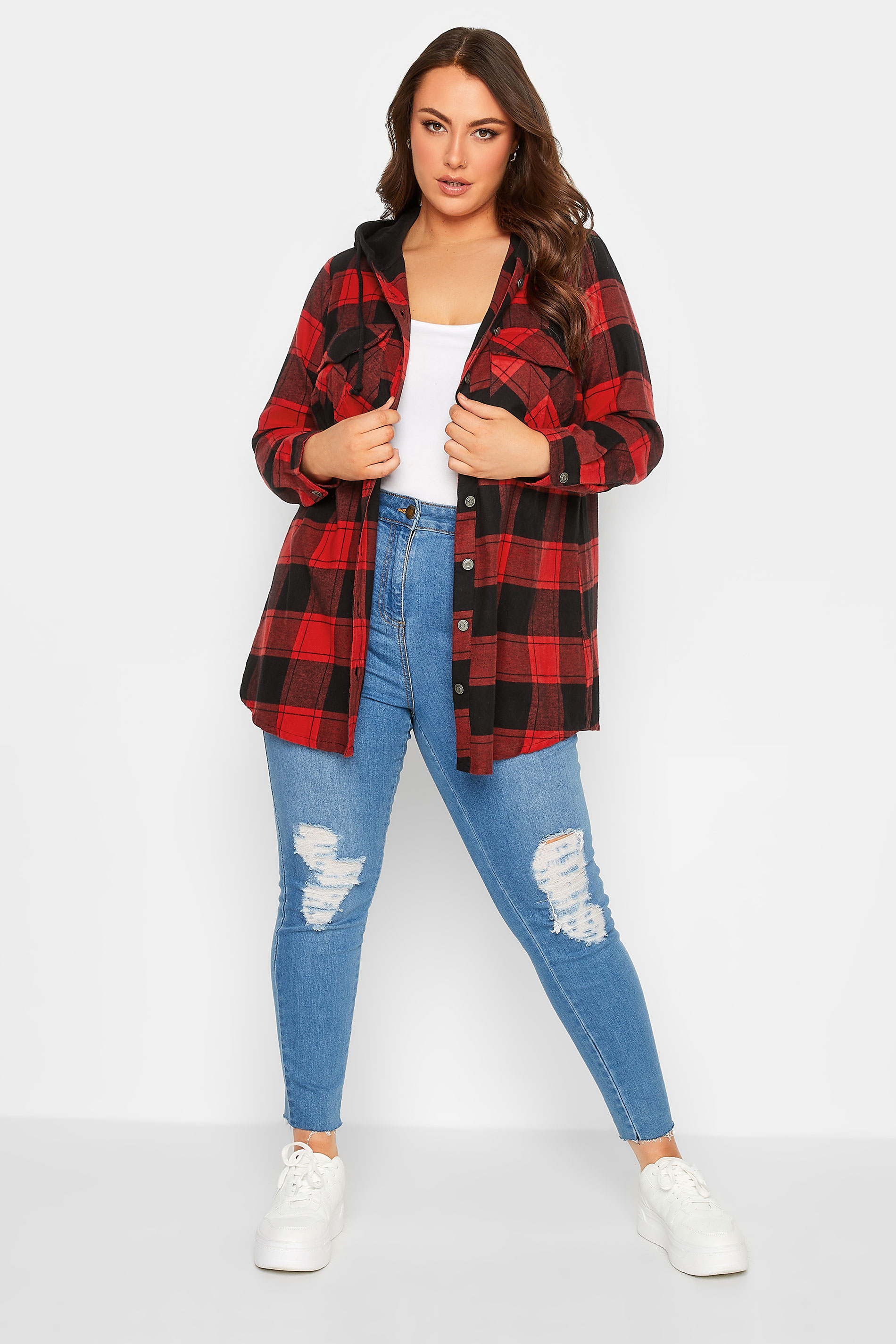 Plus Size Red Check Hooded Shirt | Yours Clothing 2