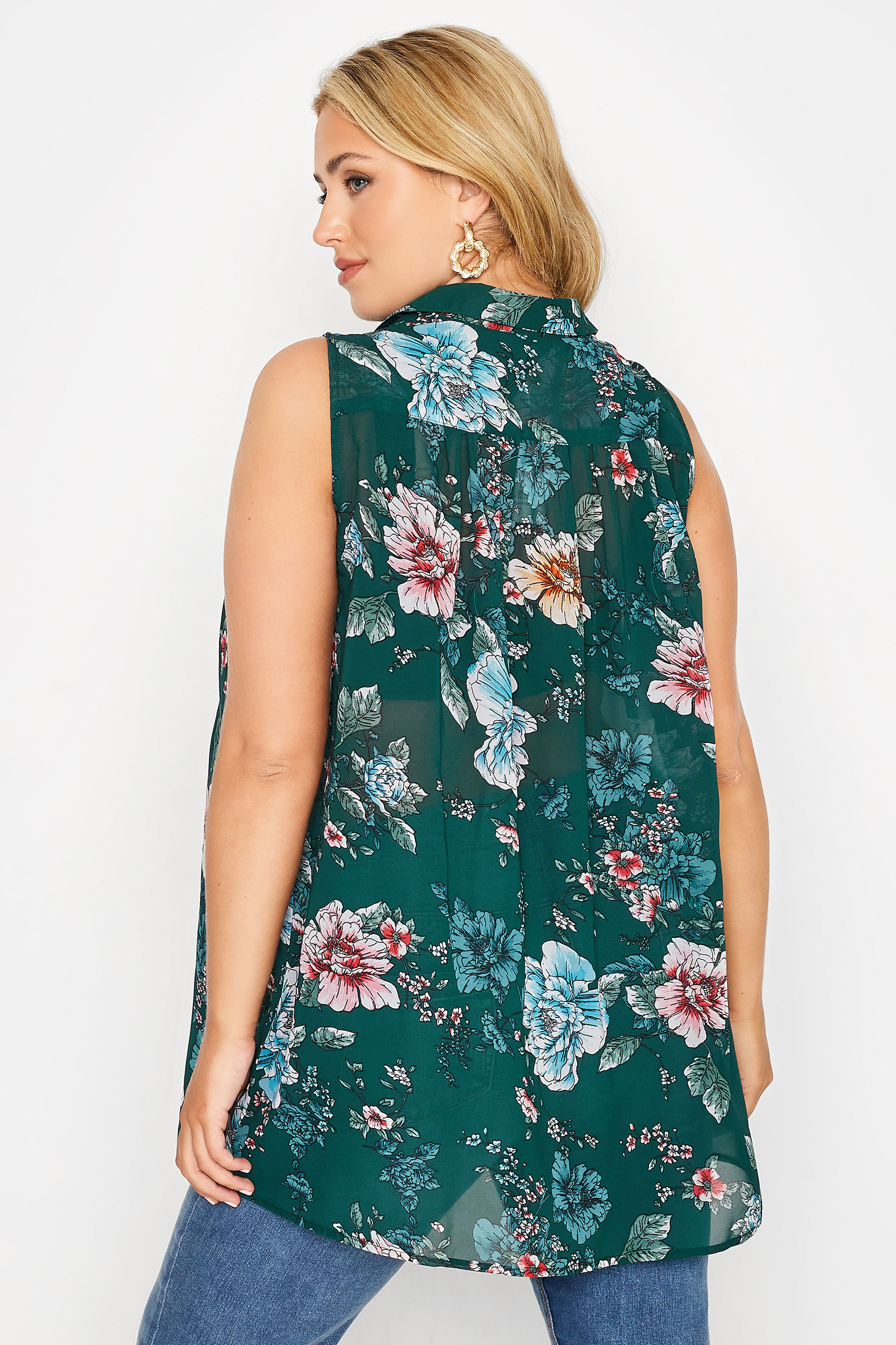 Plus Size Green Floral Sleeveless Swing Blouse | Yours Clothing 3
