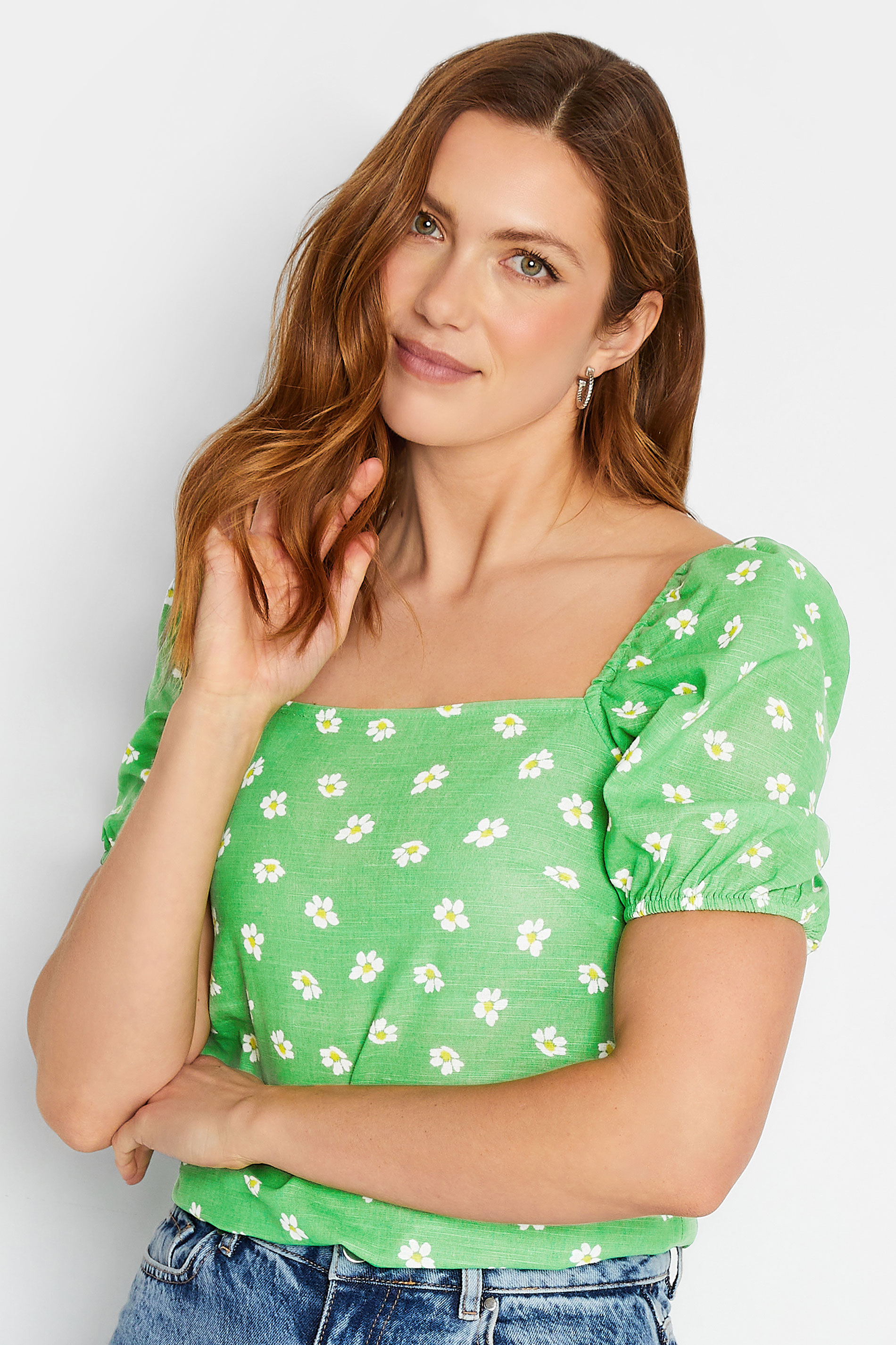 LTS Tall Women's Green Floral Print Linen Blend Top | Long Tall Sally 1