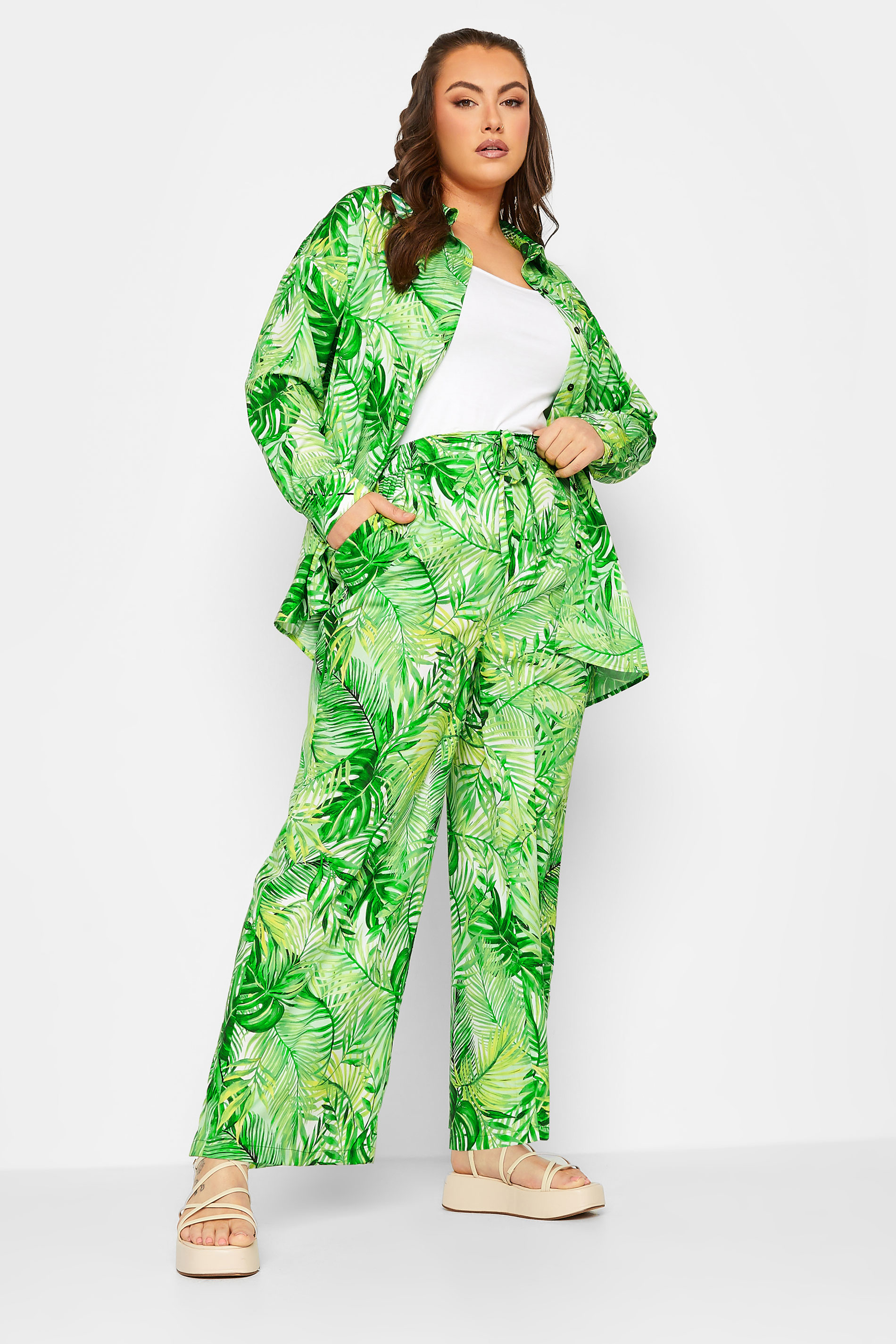 LIMITED COLLECTION Plus Size Green Leaf Print Wide Leg Trousers | Yours Clothing 3