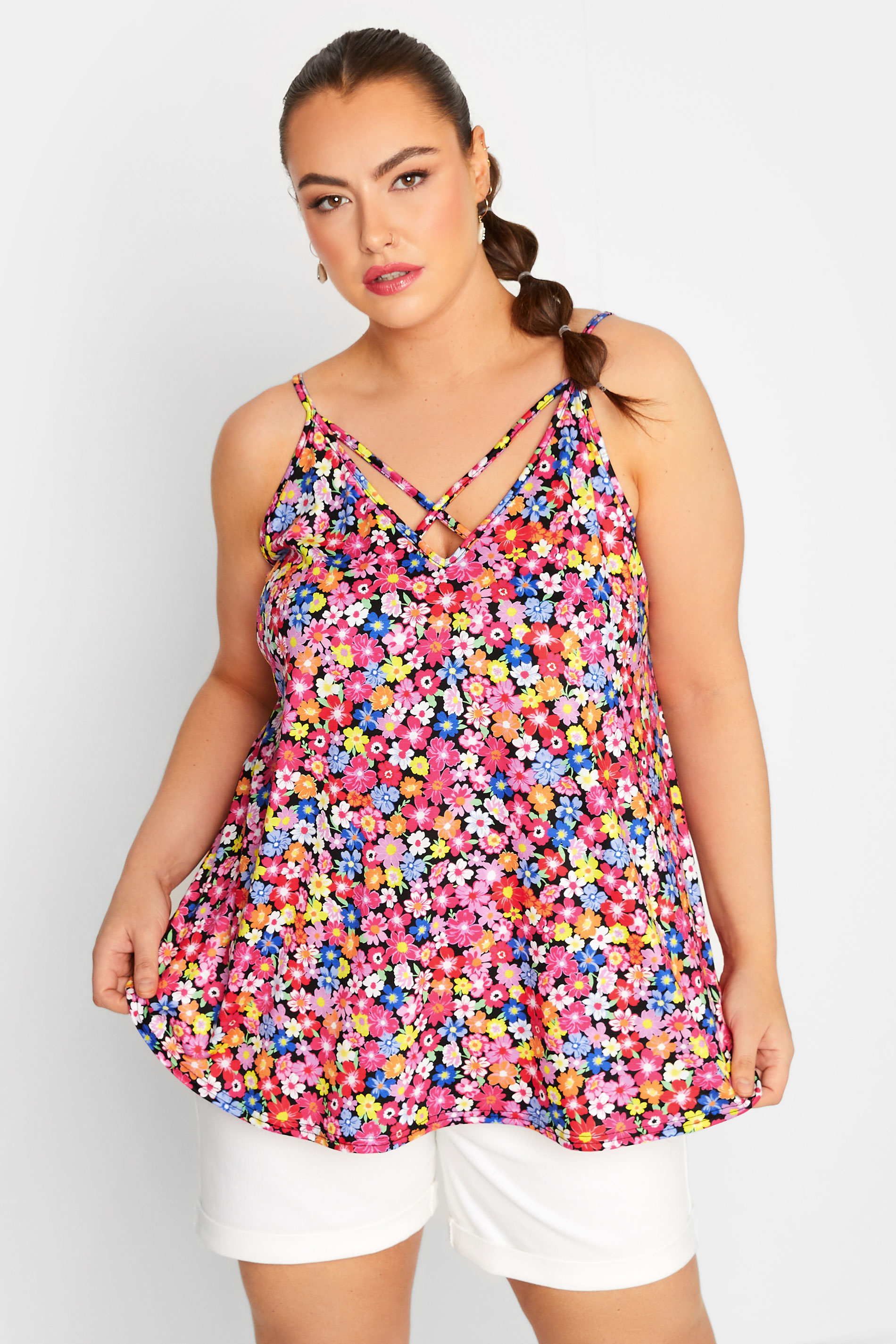 LIMITED COLLECTION Plus Size Black Ditsy Floral Strappy Cami Top | Yours Clothing 1