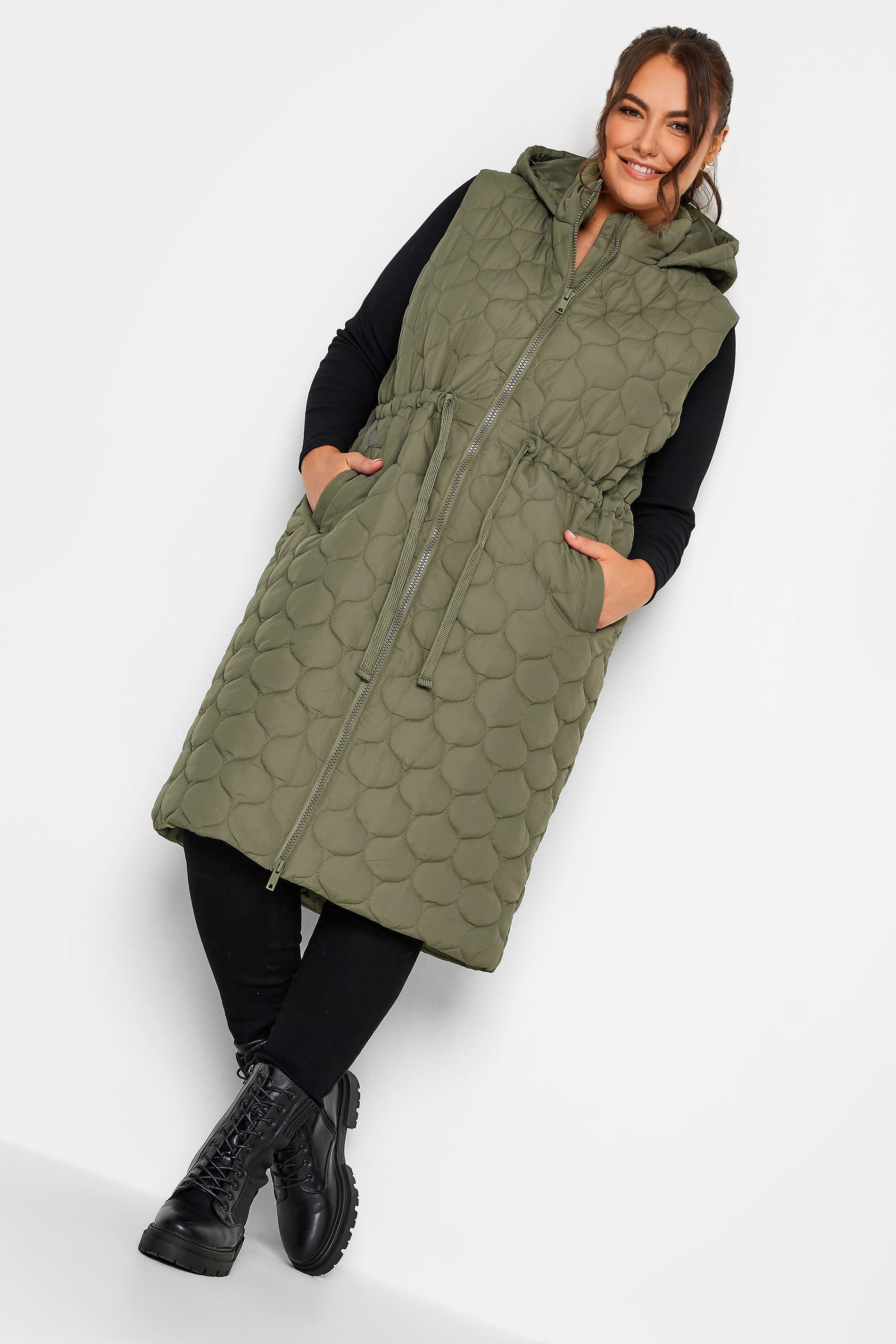 YOURS Plus Size Khaki Green Quilted Longline Gilet | Yours Clothing 3