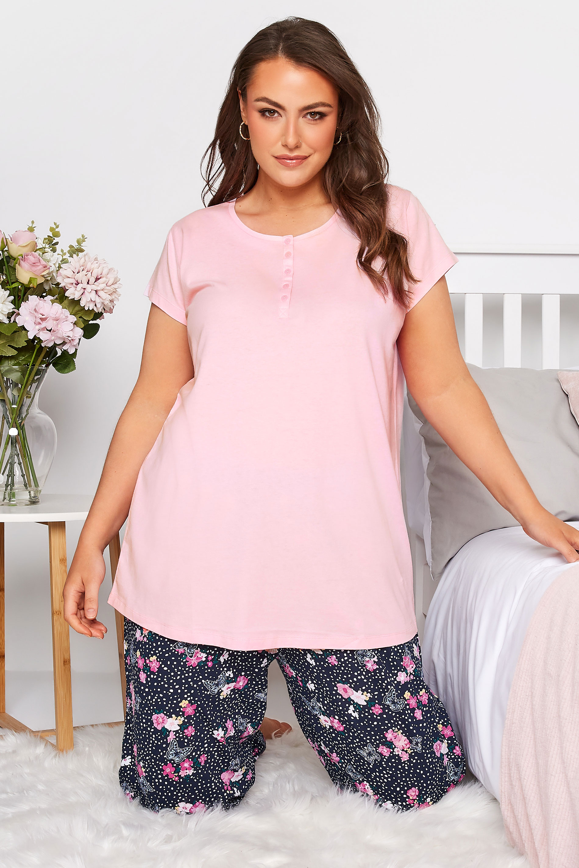 Plus Size Pink Placket Pyjama Top | Yours Clothing  1