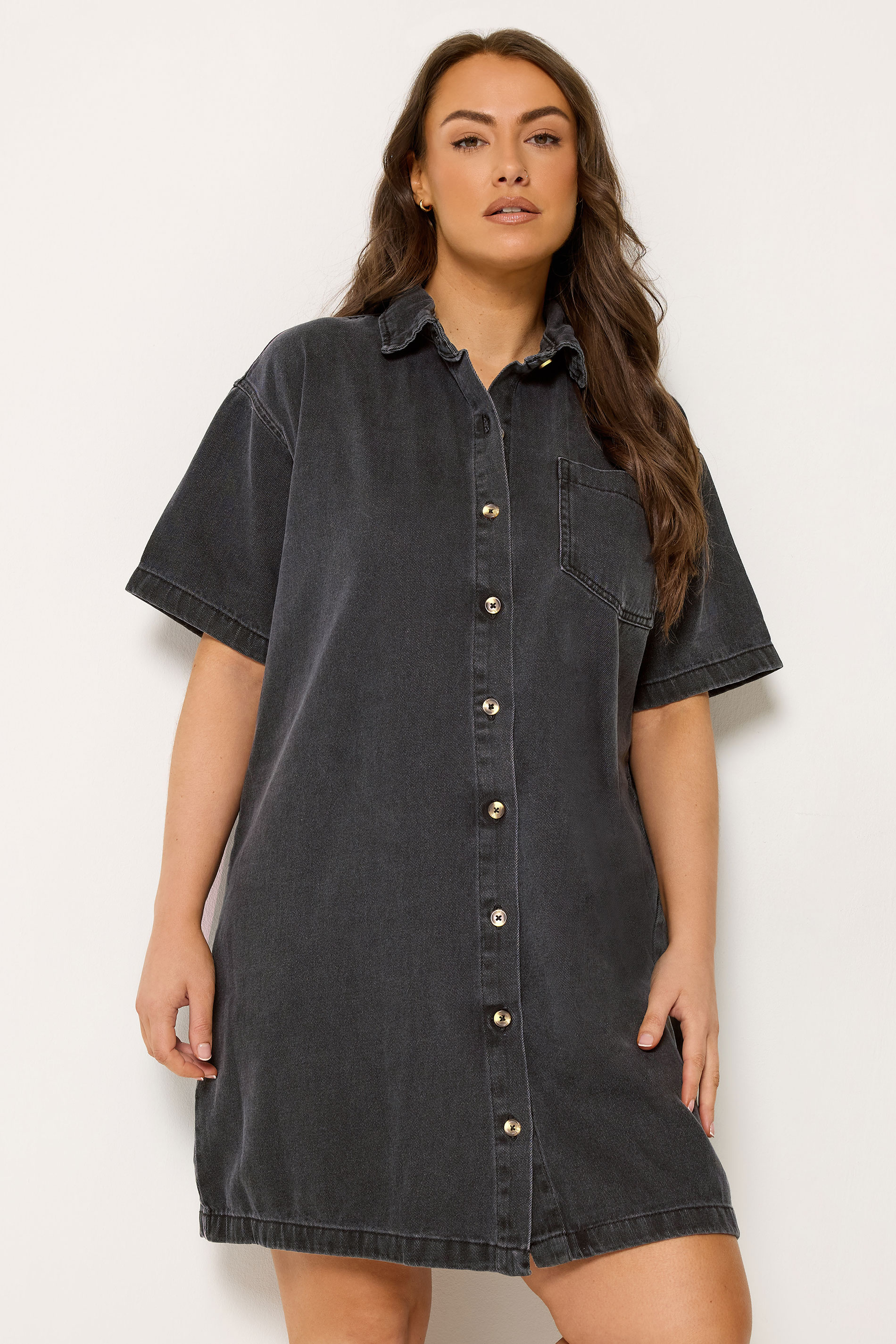 YOURS Curve Black Washed Denim Shirt Dress 1