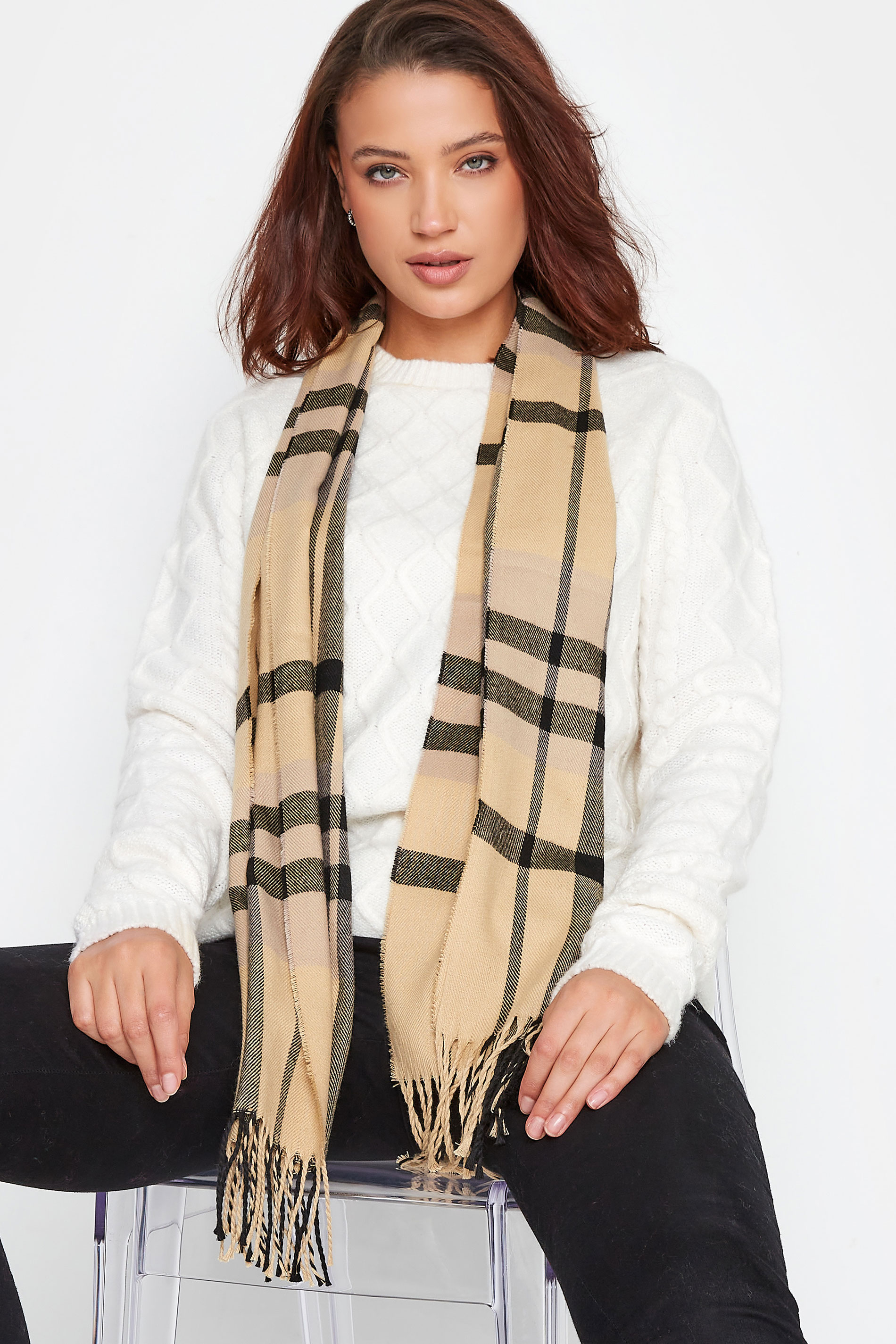 Beige Brown & Black Check Print Scarf | Yours Clothing 1