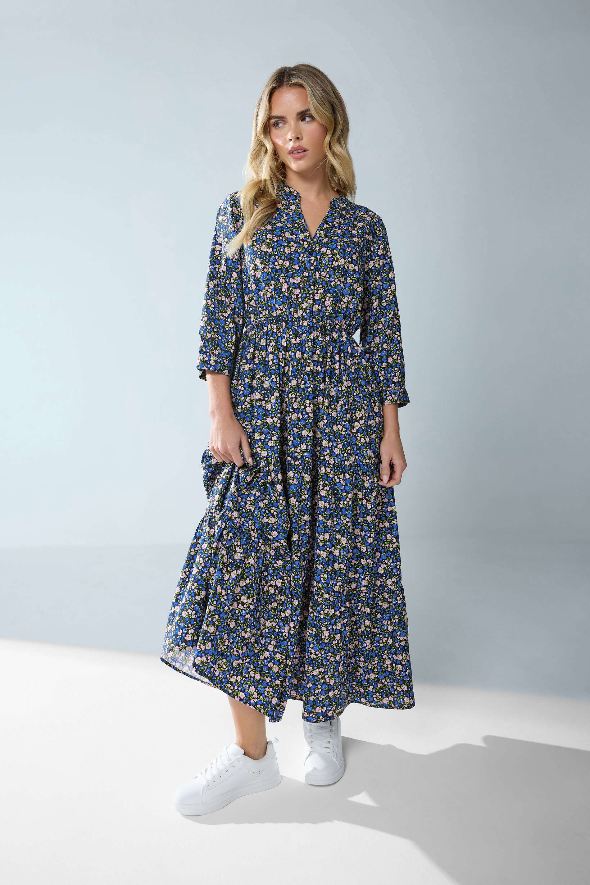 M&Co Petite Women's Blue Ditsy Floral Tiered Maxi Dress | M&Co 3