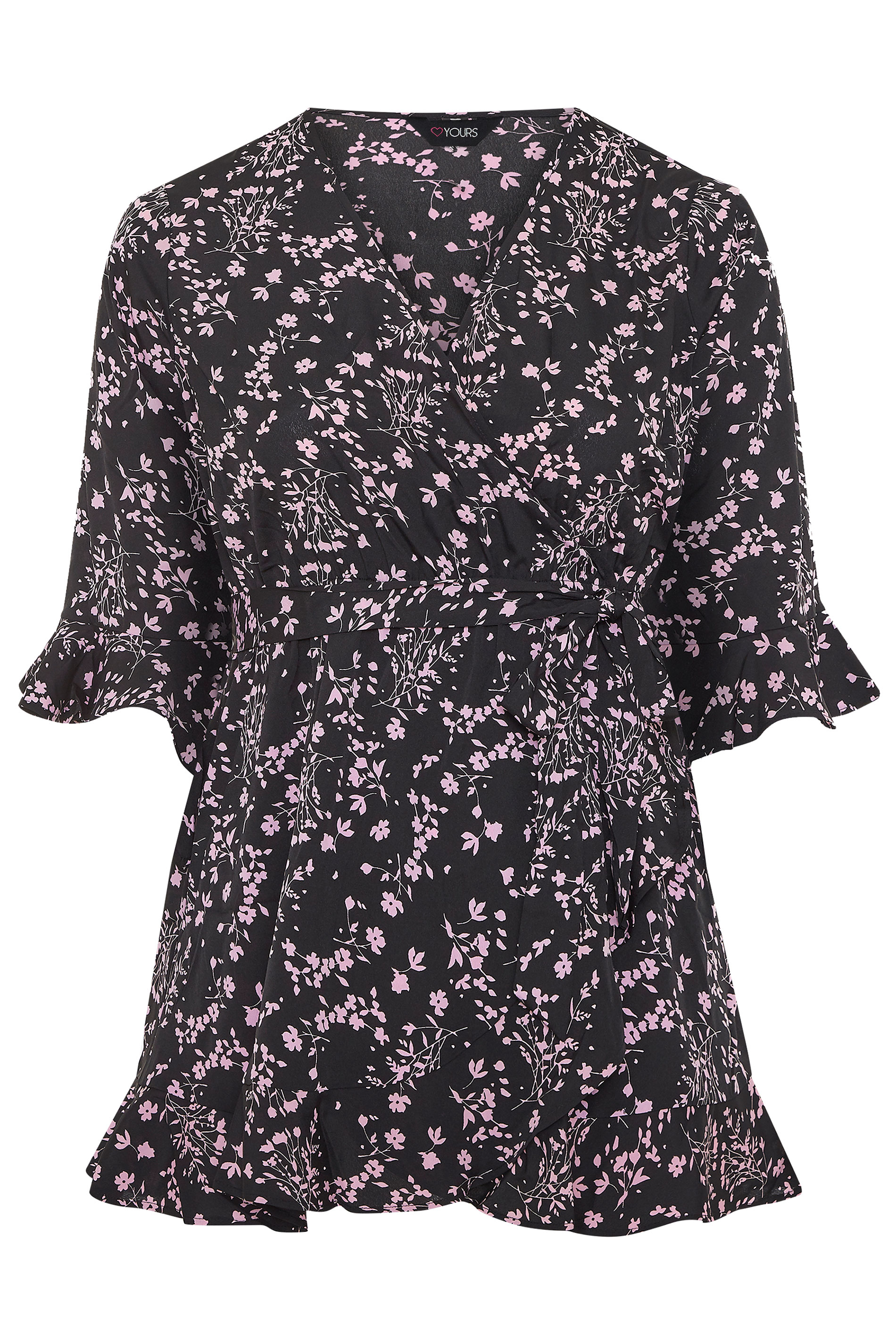 Black & Lilac Floral Wrap Top | Yours Clothing