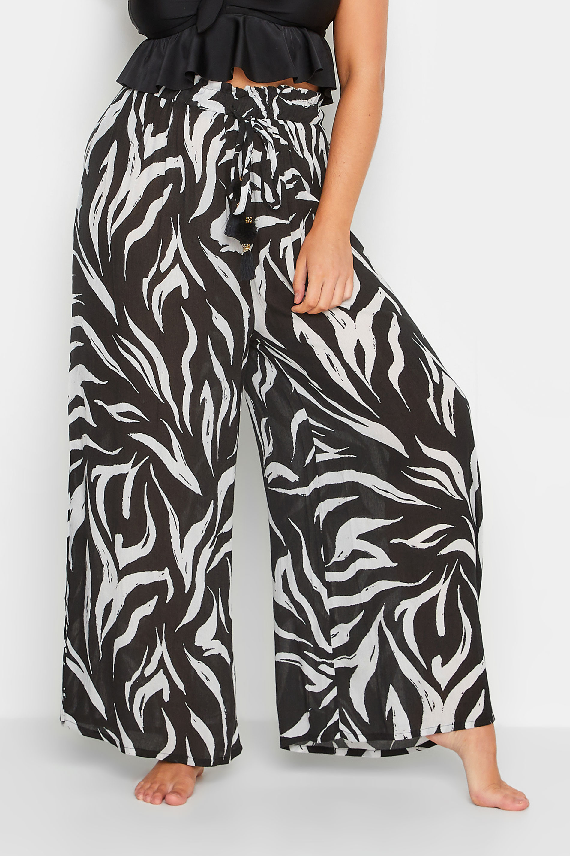 Plus Size Black Animal Print Wide Leg Beach Trousers | Yours Clothing 1