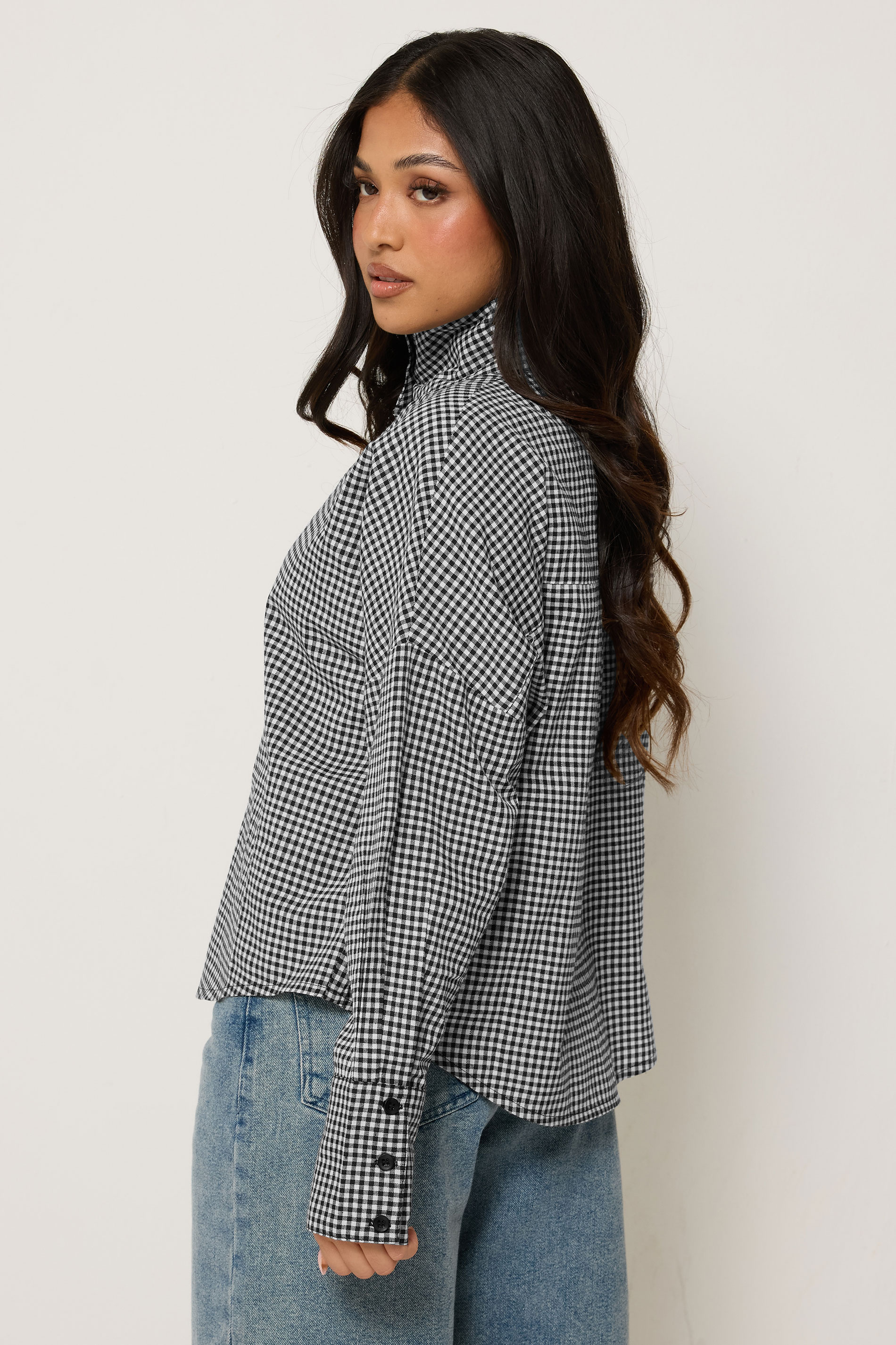 PixieGirl Petite Women's Black Gingham Funnel Neck Shirt| PixieGirl 2