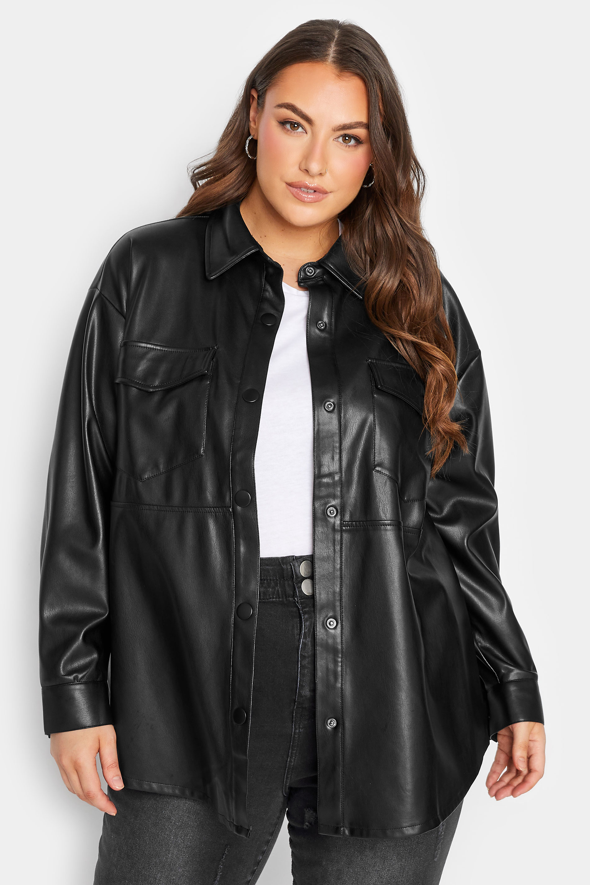YOURS Plus Size Black Faux Leather Shacket | Yours Clothing 1