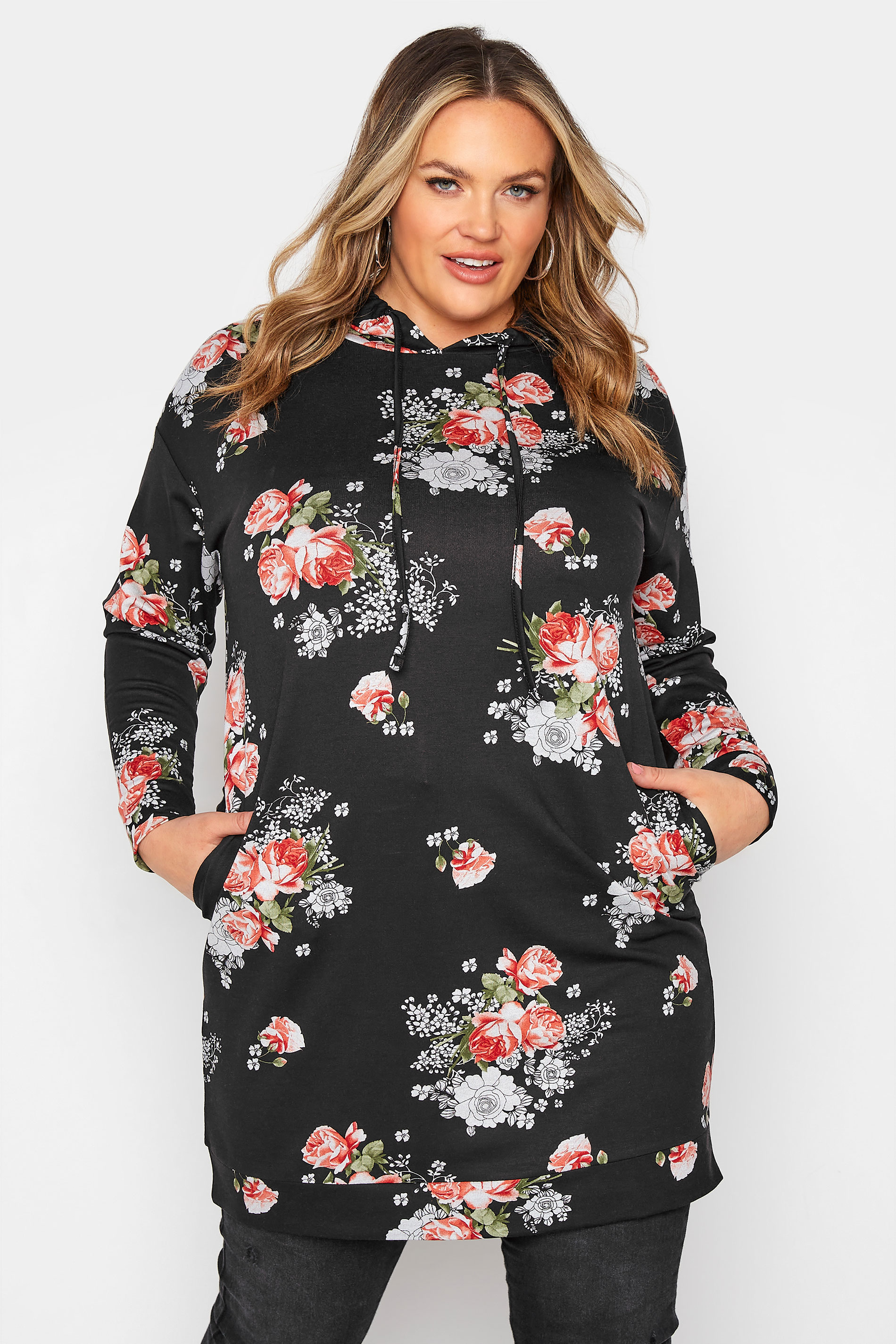 Plus Size Black Floral Print Hoodie Dress | Yours Clothing 1