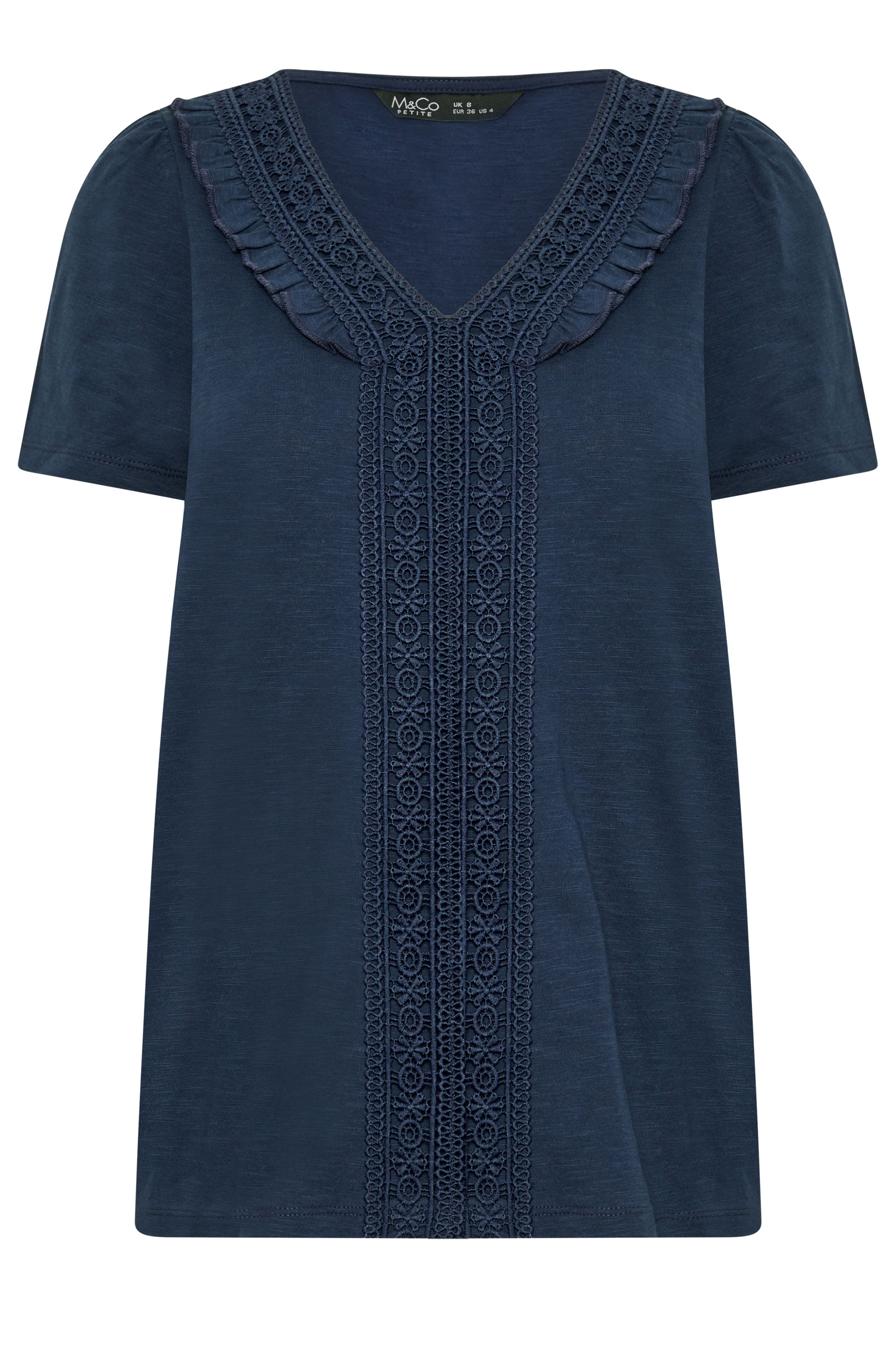 M&Co Petite Navy Blue Short Sleeve Frill Cotton Blouse | M&Co 5