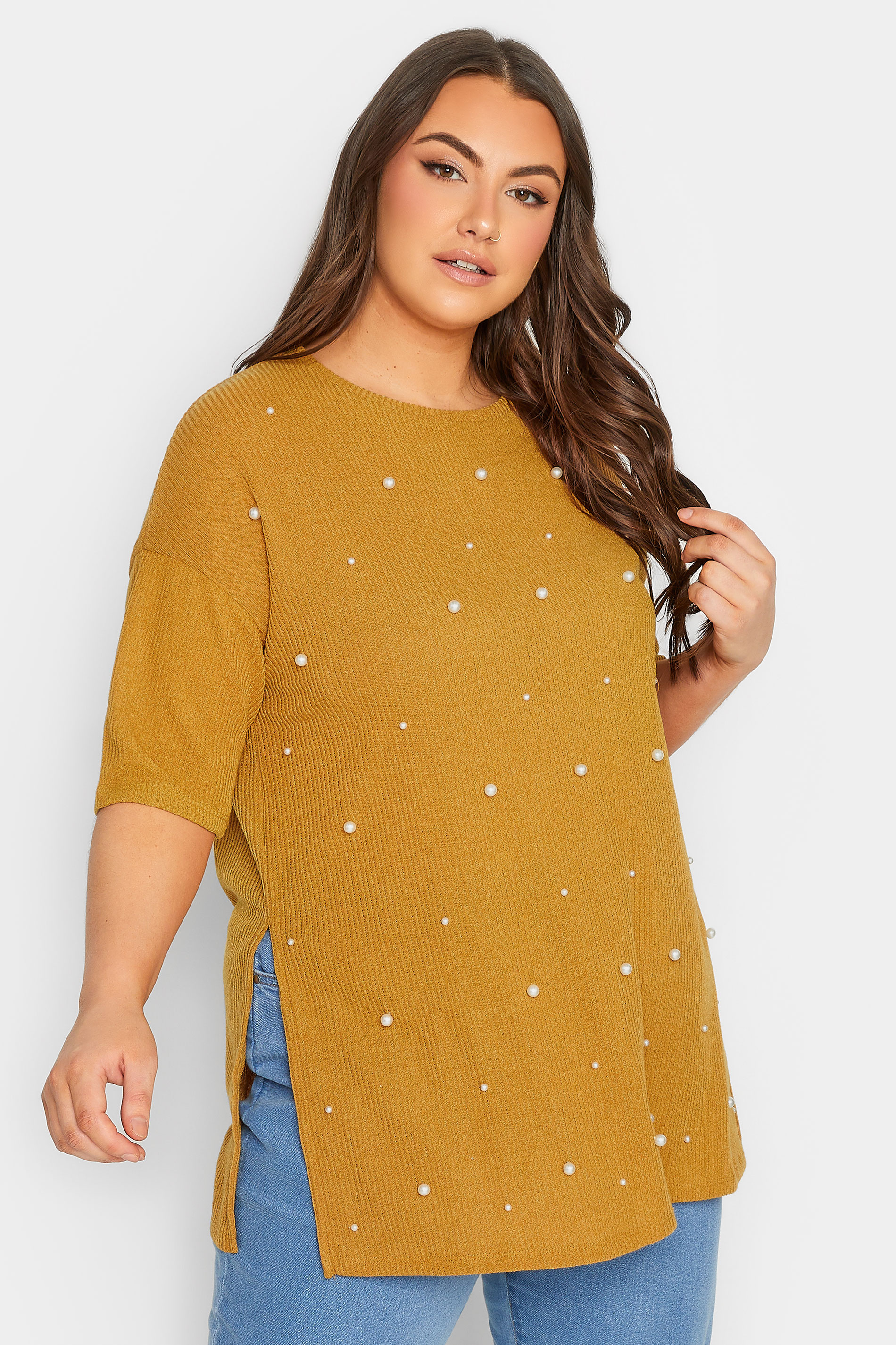 Plus Size Mustard Yellow Pearl Embellished Split Hem Top | Yours Clothing 1