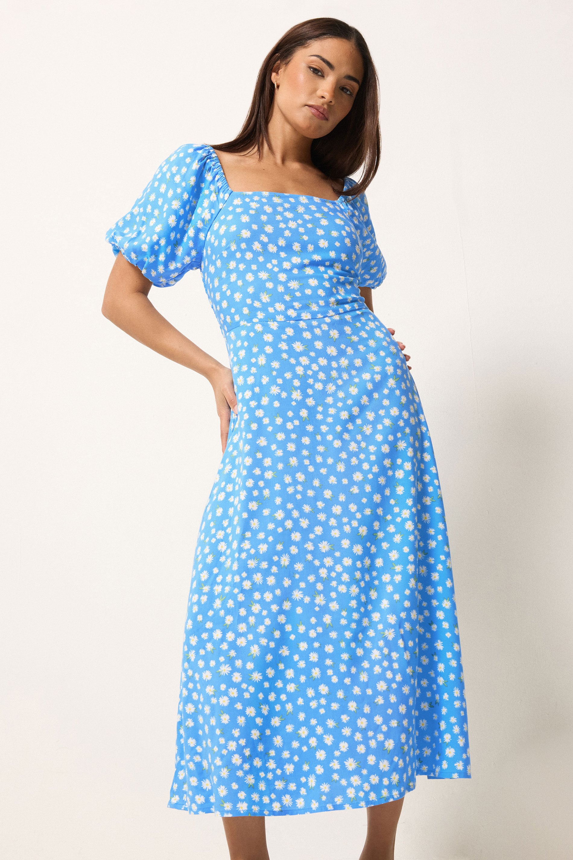 PixieGirl Petite Women's Blue Daisy Puff Sleeve Midi Dress | PixieGirl 1