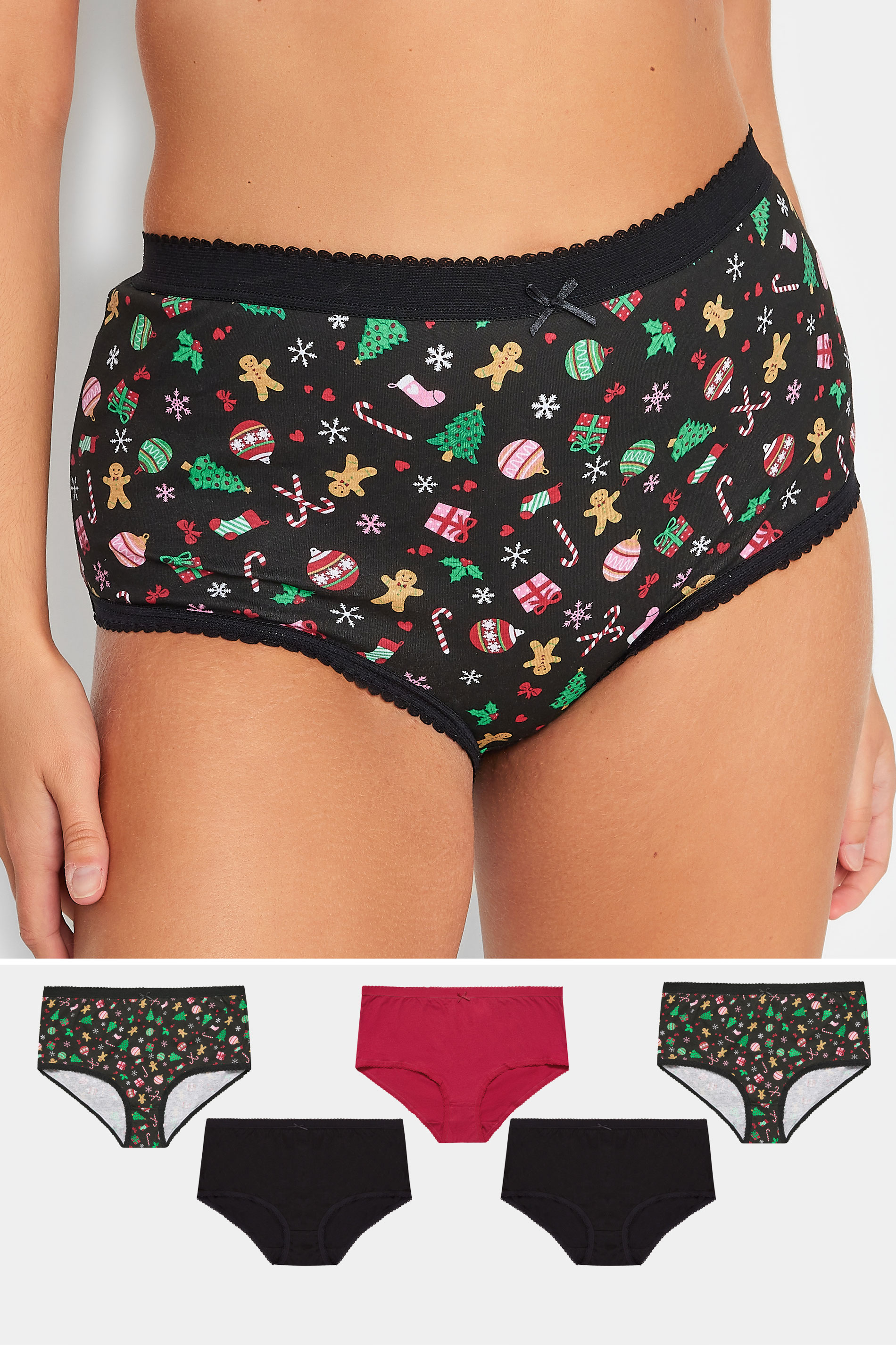 YOURS Plus Size 5 PACK Black & Red Christmas Print Full Briefs | Yours Clothing 1